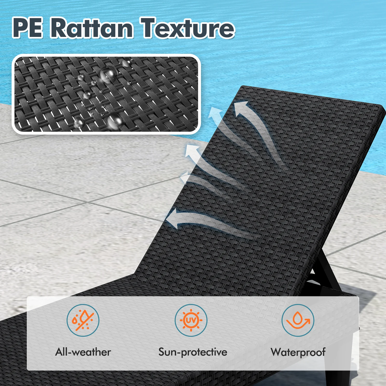Outdoor Chaise Lounger Chair, Waterproof Rattan Textured PP, 330 lbs, Black - Image 9