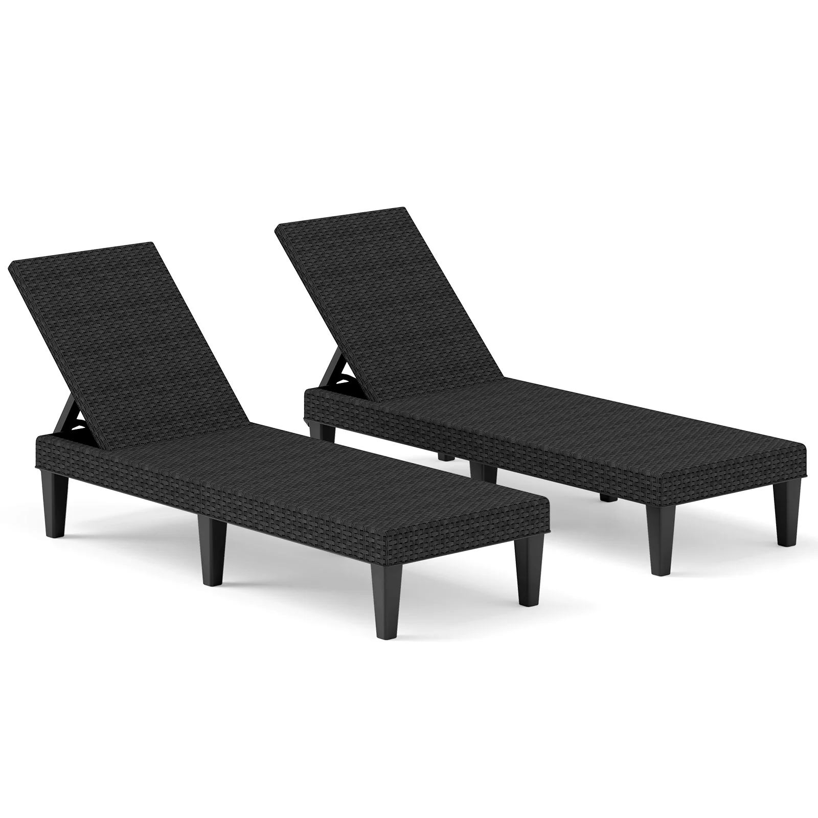 Outdoor Chaise Lounger Chair, Waterproof Rattan Textured PP, Set of 2, Black