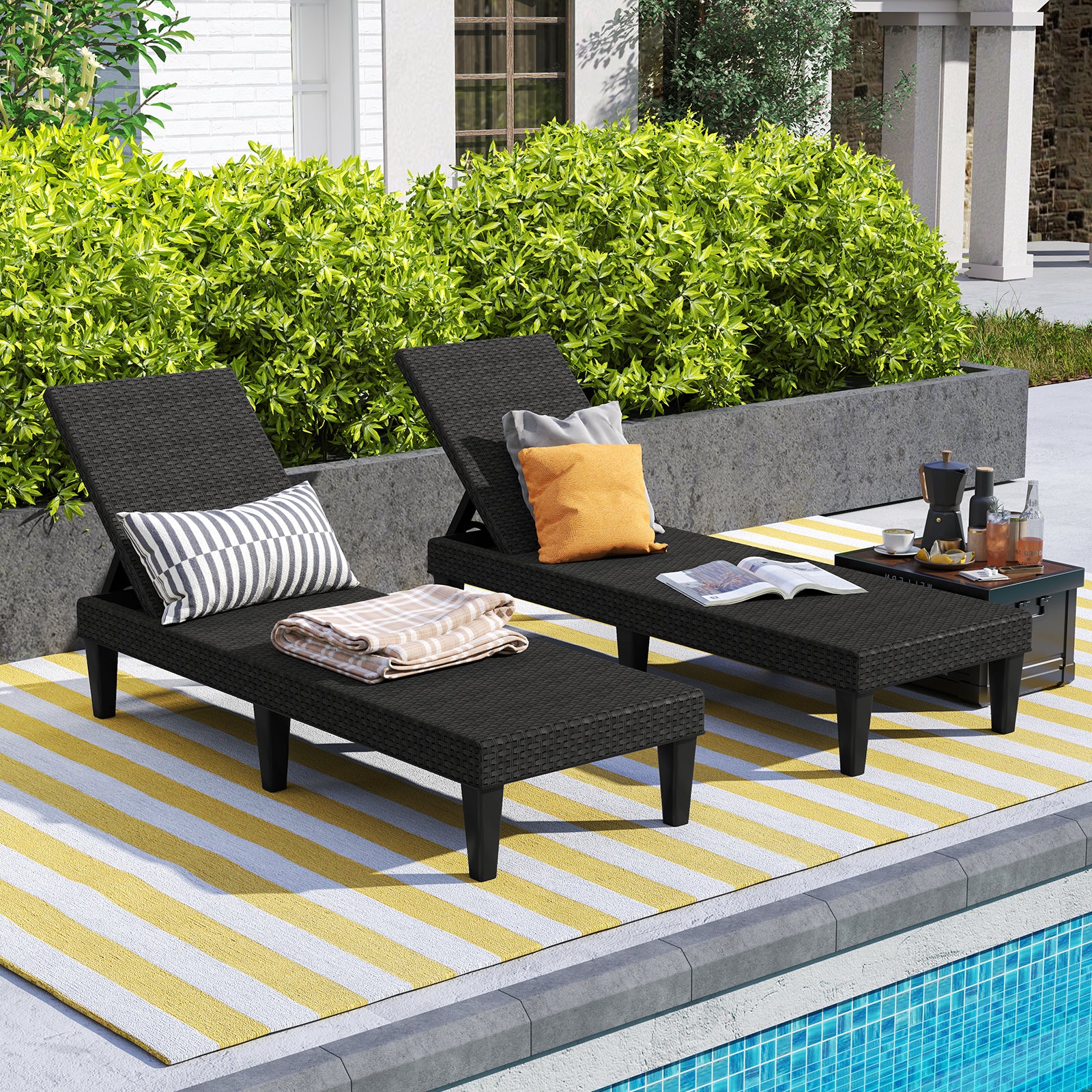 Outdoor Chaise Lounger Chair, Waterproof Rattan Textured PP, Set of 2, Black - Image 2