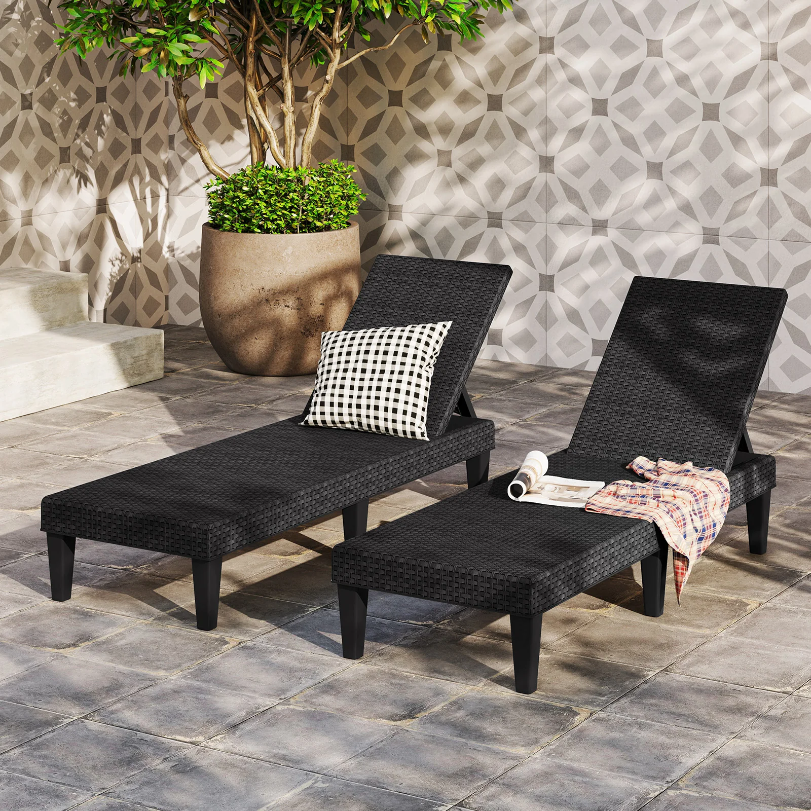 Outdoor Chaise Lounger Chair, Waterproof Rattan Textured PP, Set of 2, Black - Image 3