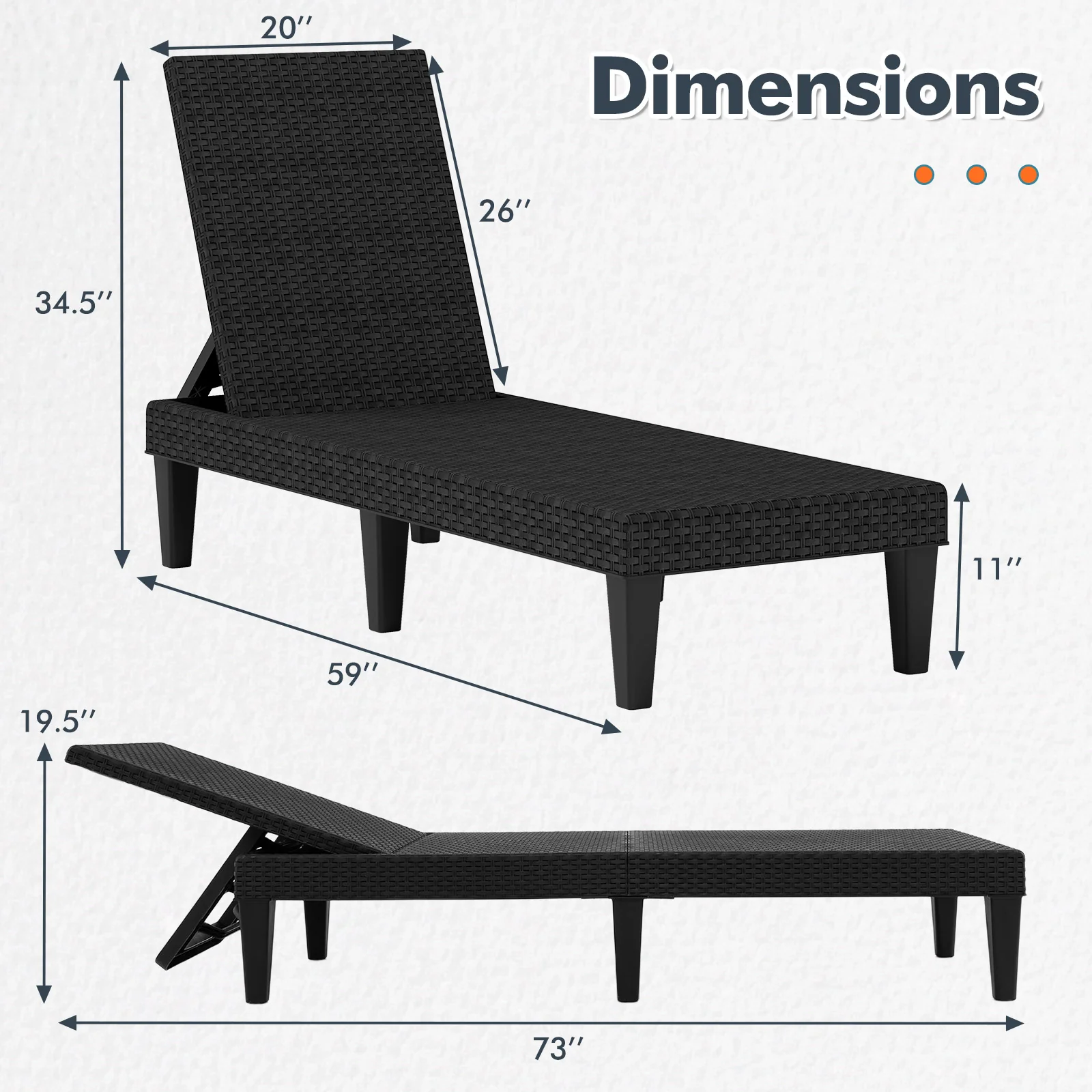 Outdoor Chaise Lounger Chair, Waterproof Rattan Textured PP, Set of 2, Black - Image 4