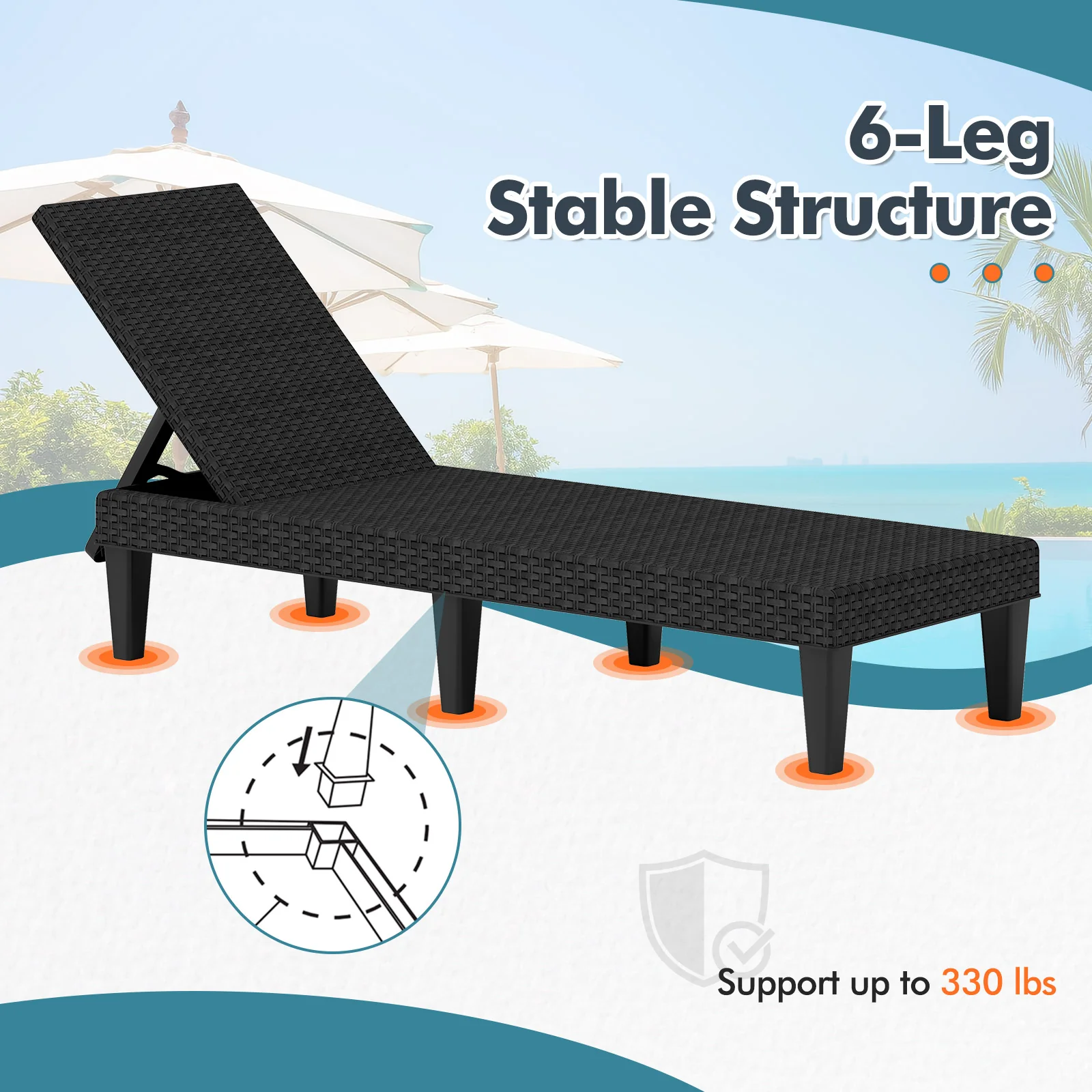 Outdoor Chaise Lounger Chair, Waterproof Rattan Textured PP, Set of 2, Black - Image 8