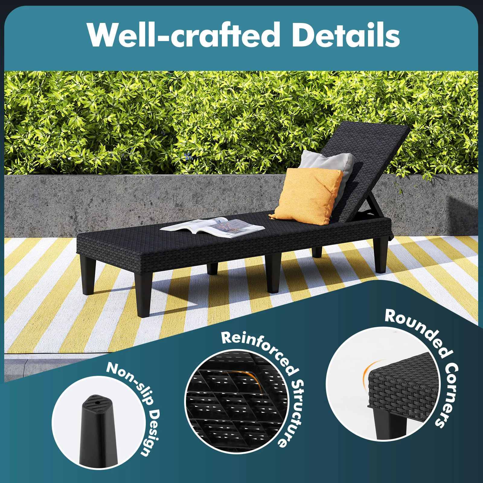 Outdoor Chaise Lounger Chair, Waterproof Rattan Textured PP, Set of 2, Black - Image 9