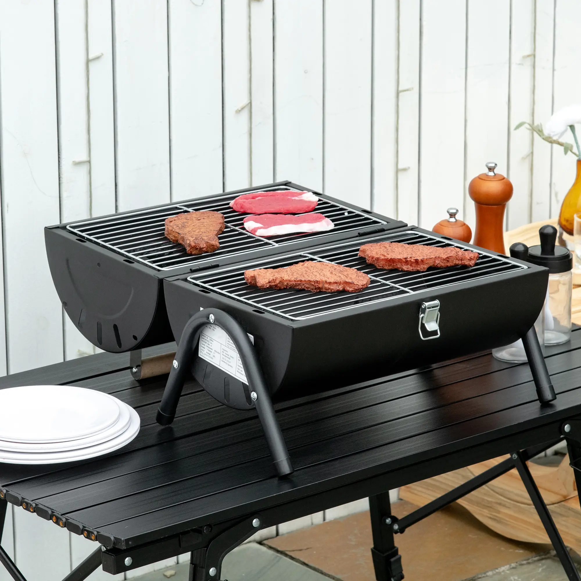 Outdoor Charcoal BBQ Grill, Tabletop Folding Barbecue, 17.3" x 9.8" x 14", Black - Image 2