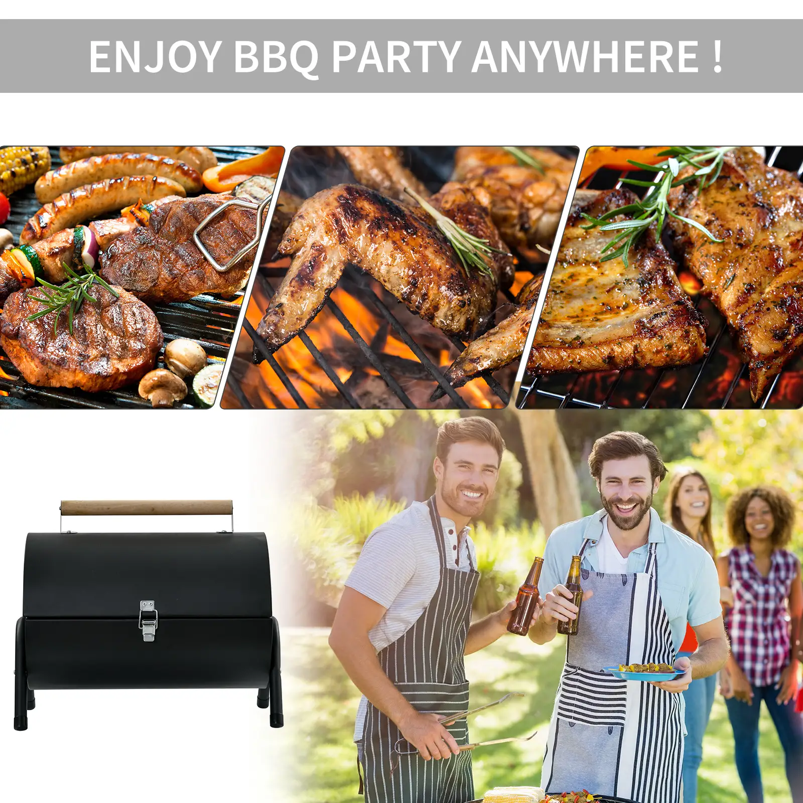 Outdoor Charcoal BBQ Grill, Tabletop Folding Barbecue, 17.3" x 9.8" x 14", Black - Image 7