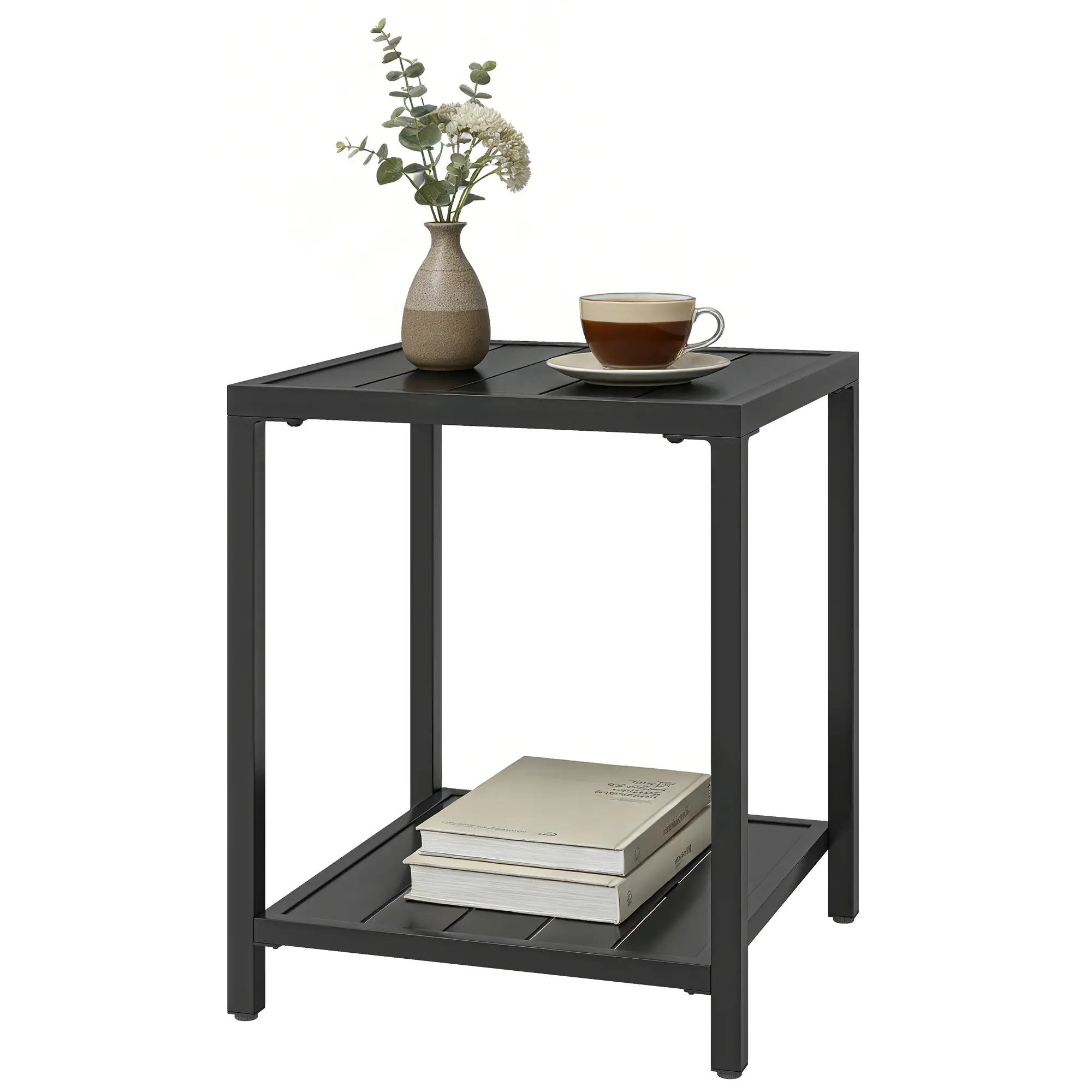 Outdoor Coffee Table, 2-Tier With Storage Shelf, Adjustable Feet, Black