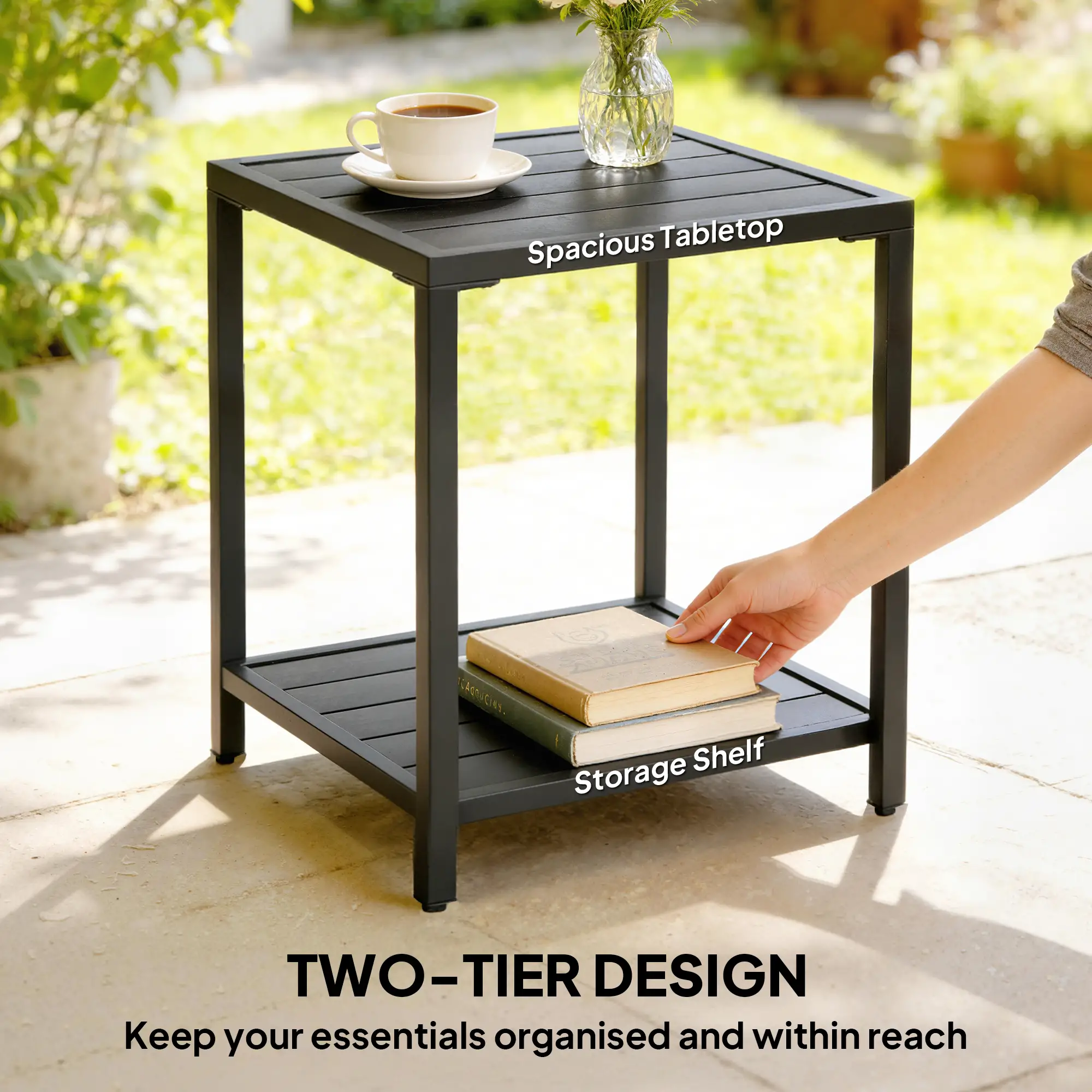Outdoor Coffee Table, 2-Tier With Storage Shelf, Adjustable Feet, Black - Image 4