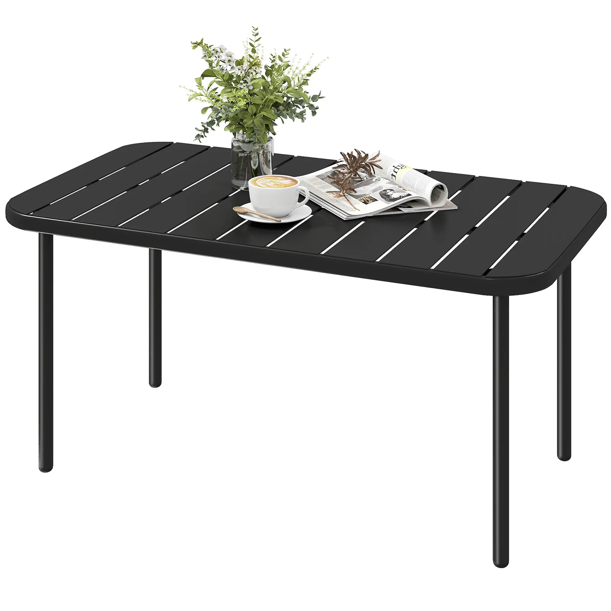 Outdoor Coffee Table, Rectangle Metal Patio Table, All-Weather Slatted Tabletop