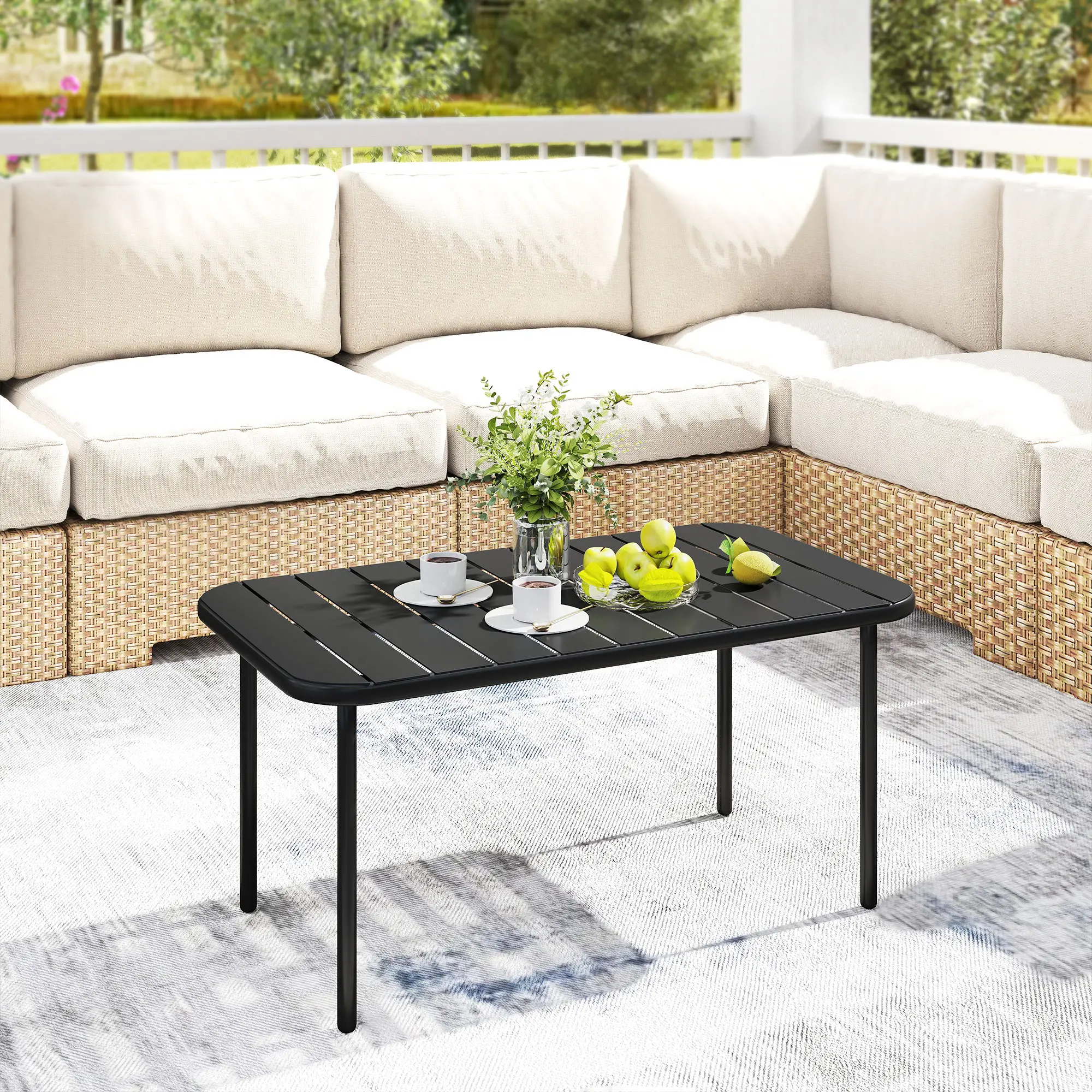 Outdoor Coffee Table, Rectangle Metal Patio Table, All-Weather Slatted Tabletop - Image 2