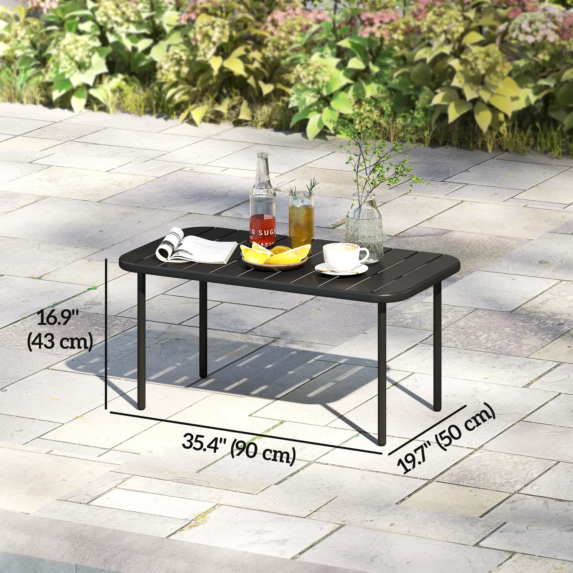 Outdoor Coffee Table, Rectangle Metal Patio Table, All-Weather Slatted Tabletop - Image 3