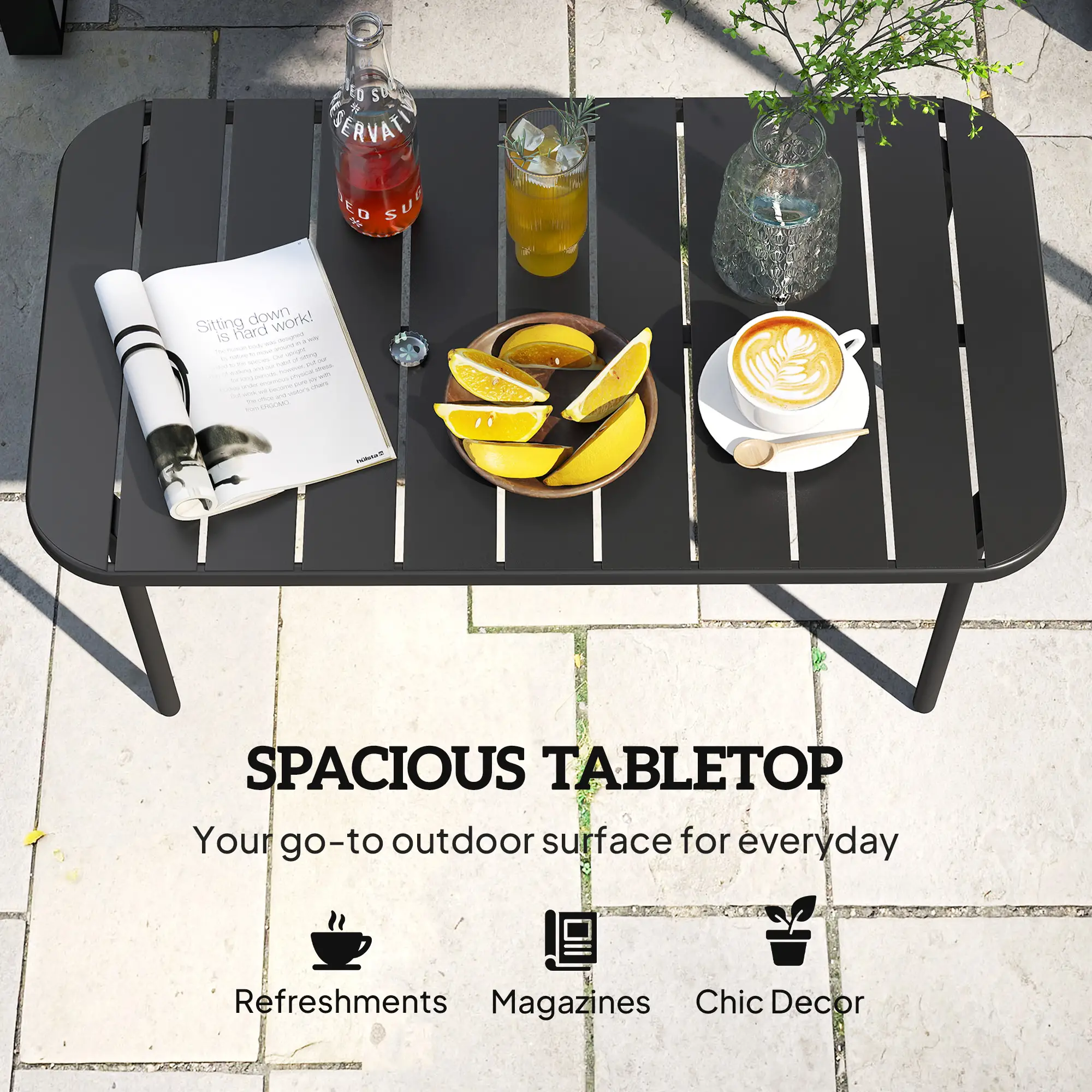 Outdoor Coffee Table, Rectangle Metal Patio Table, All-Weather Slatted Tabletop - Image 6