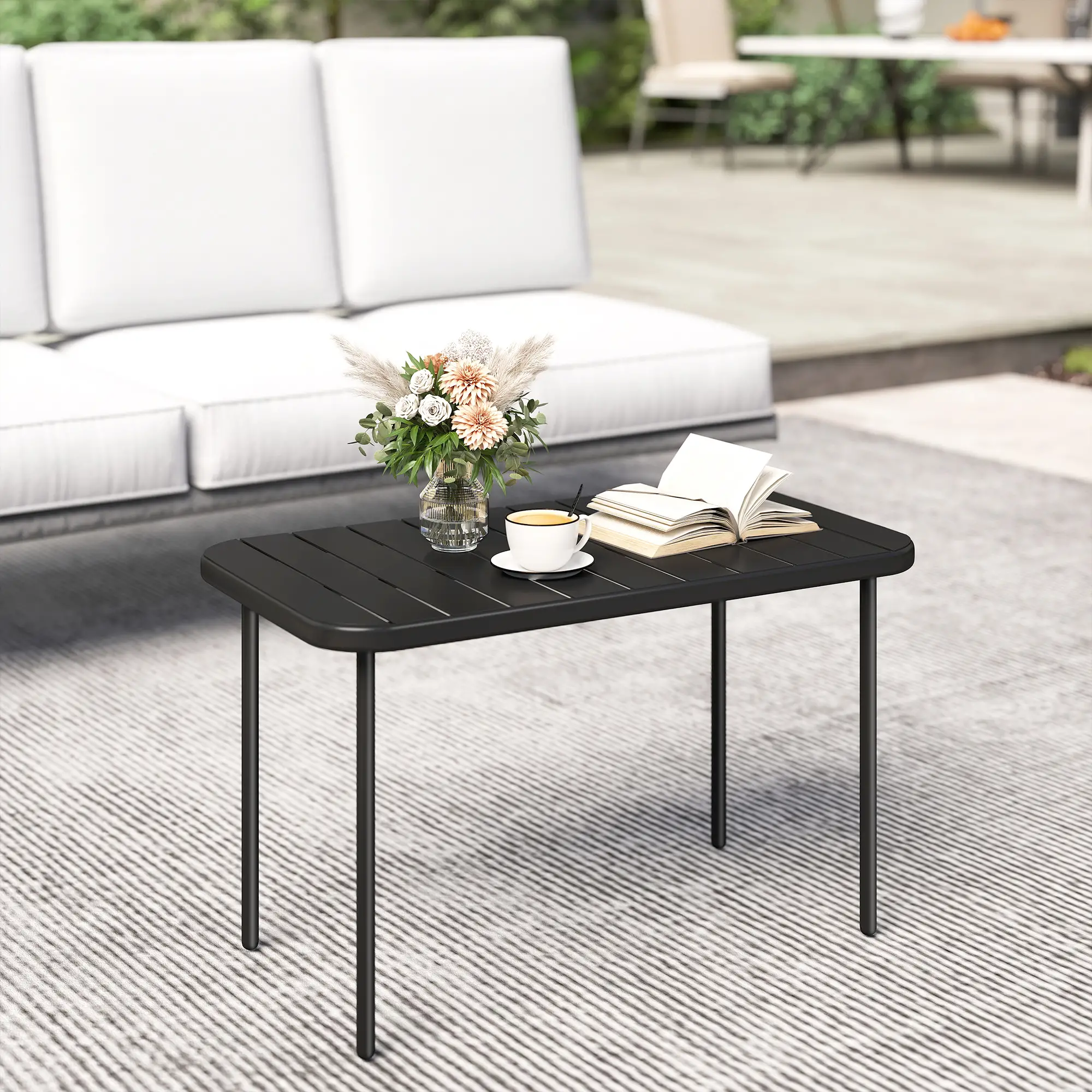 Outdoor Coffee Table, Rectangle Metal Patio Table, All-Weather Slatted Tabletop - Image 8