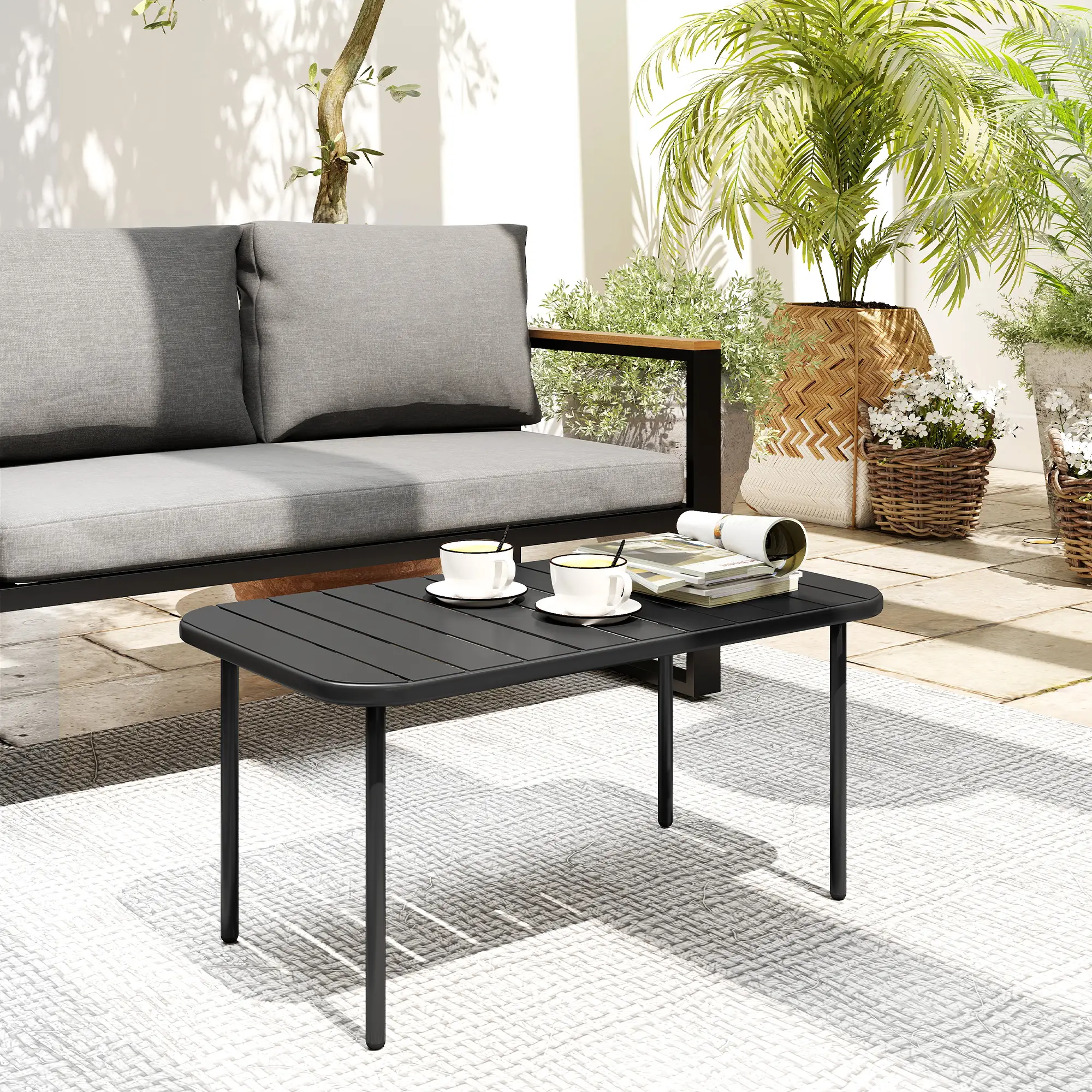 Outdoor Coffee Table, Rectangle Metal Patio Table, All-Weather Slatted Tabletop - Image 9