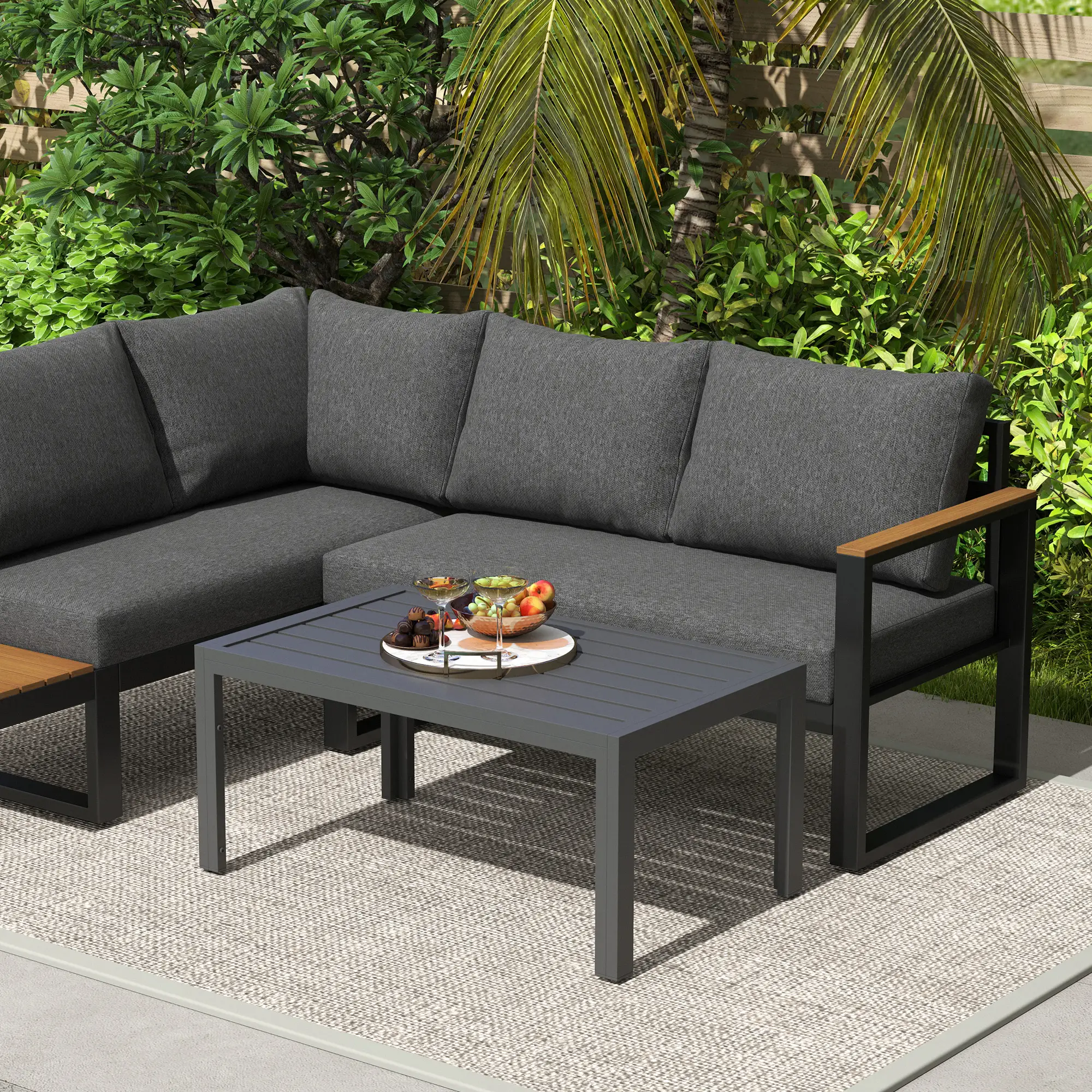 Outdoor Coffee Table, Rectangular, Steel Frame, Slat Tabletop, Grey - Image 10