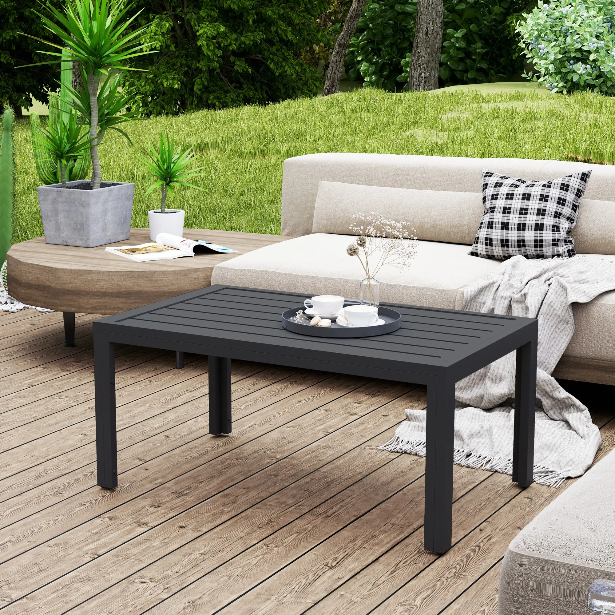 Outdoor Coffee Table, Rectangular, Steel Frame, Slat Tabletop, Grey - Image 2