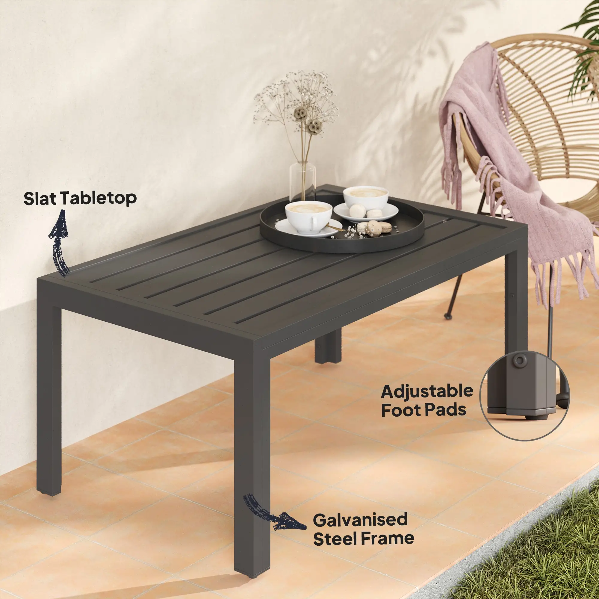 Outdoor Coffee Table, Rectangular, Steel Frame, Slat Tabletop, Grey - Image 4