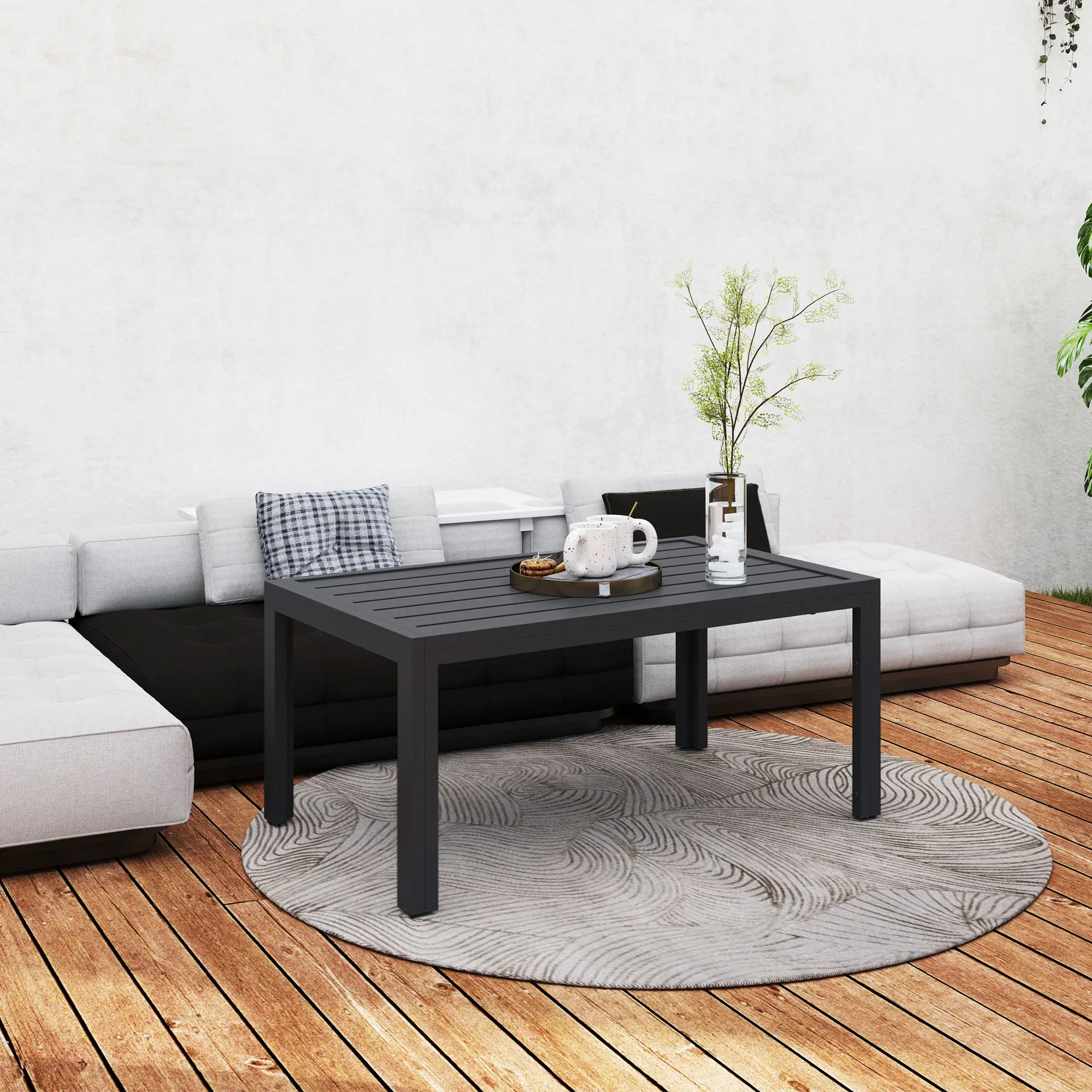 Outdoor Coffee Table, Rectangular, Steel Frame, Slat Tabletop, Grey - Image 6