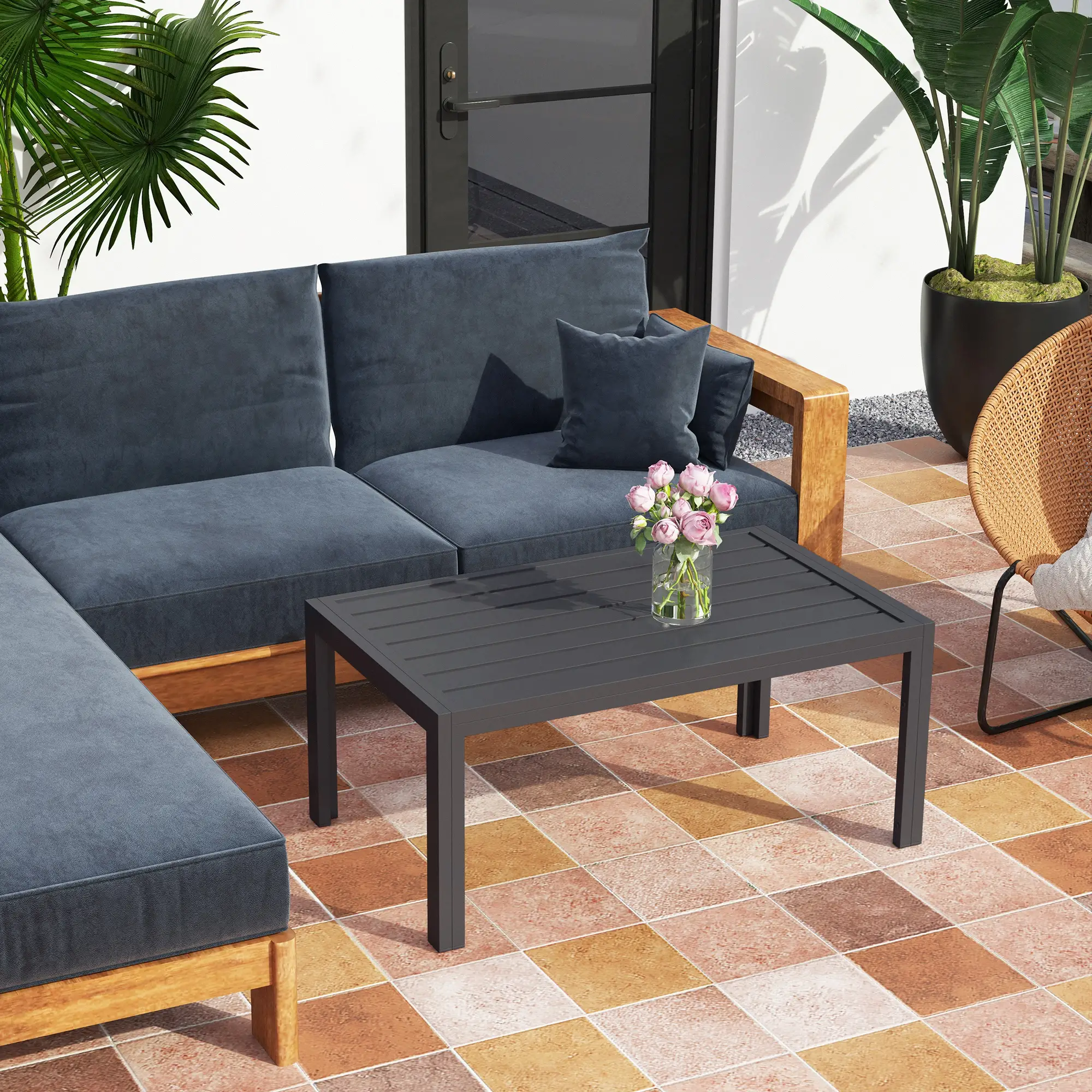 Outdoor Coffee Table, Rectangular, Steel Frame, Slat Tabletop, Grey - Image 7