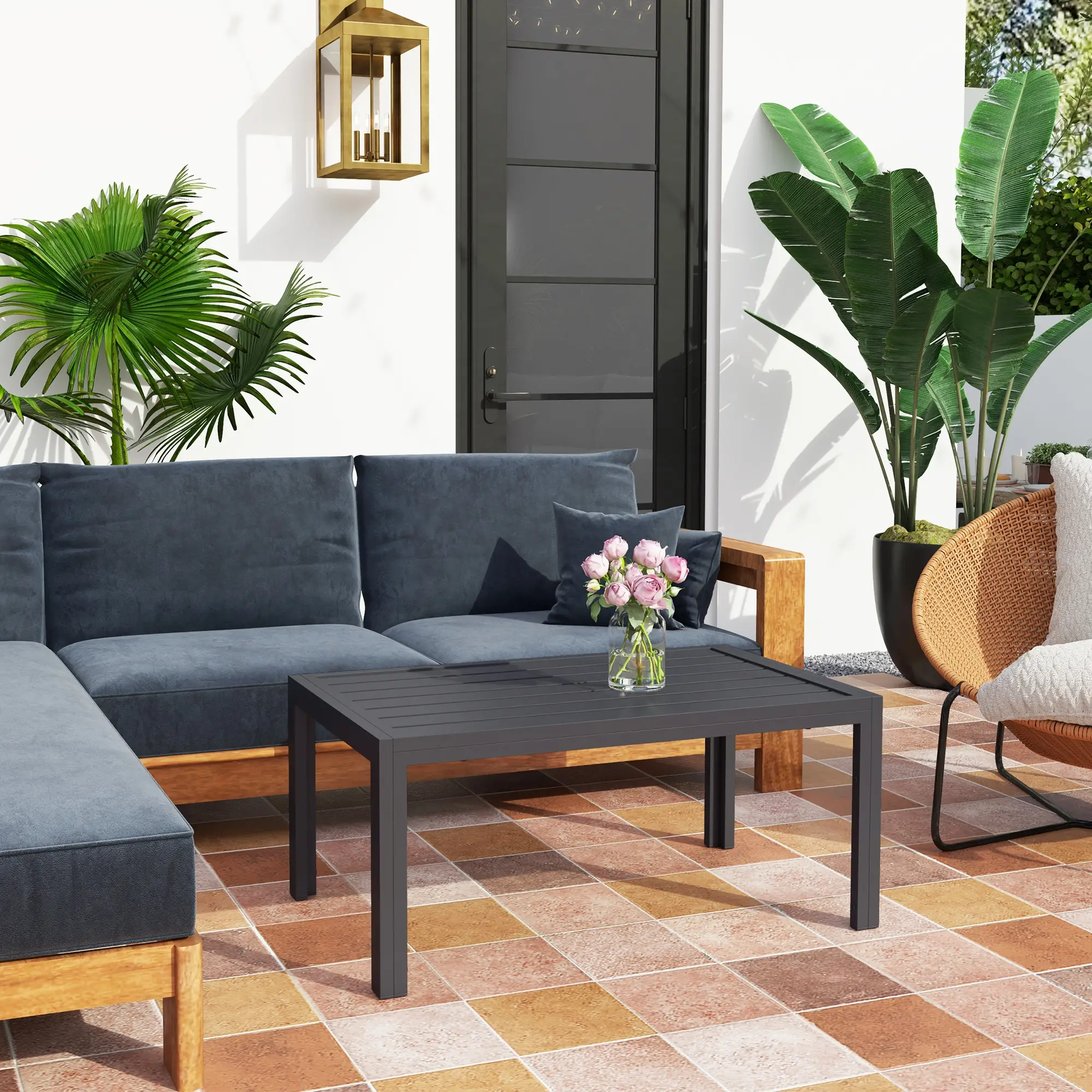 Outdoor Coffee Table, Rectangular, Steel Frame, Slat Tabletop, Grey - Image 8