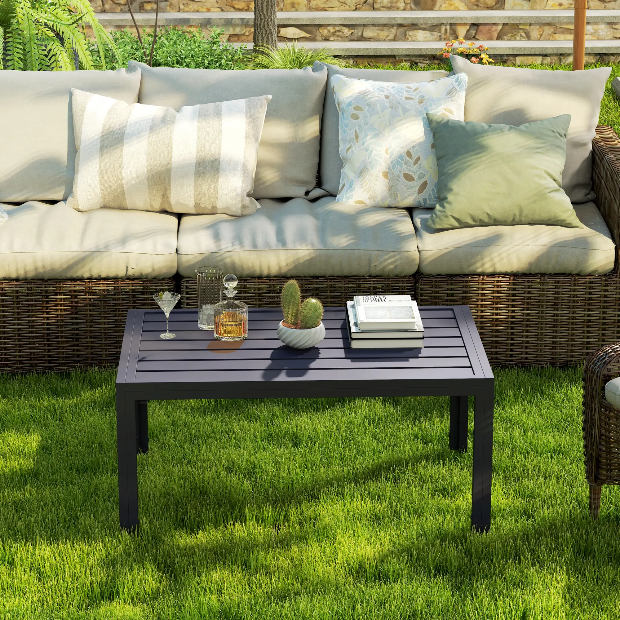 Outdoor Coffee Table, Rectangular, Steel Frame, Slat Tabletop, Grey - Image 9