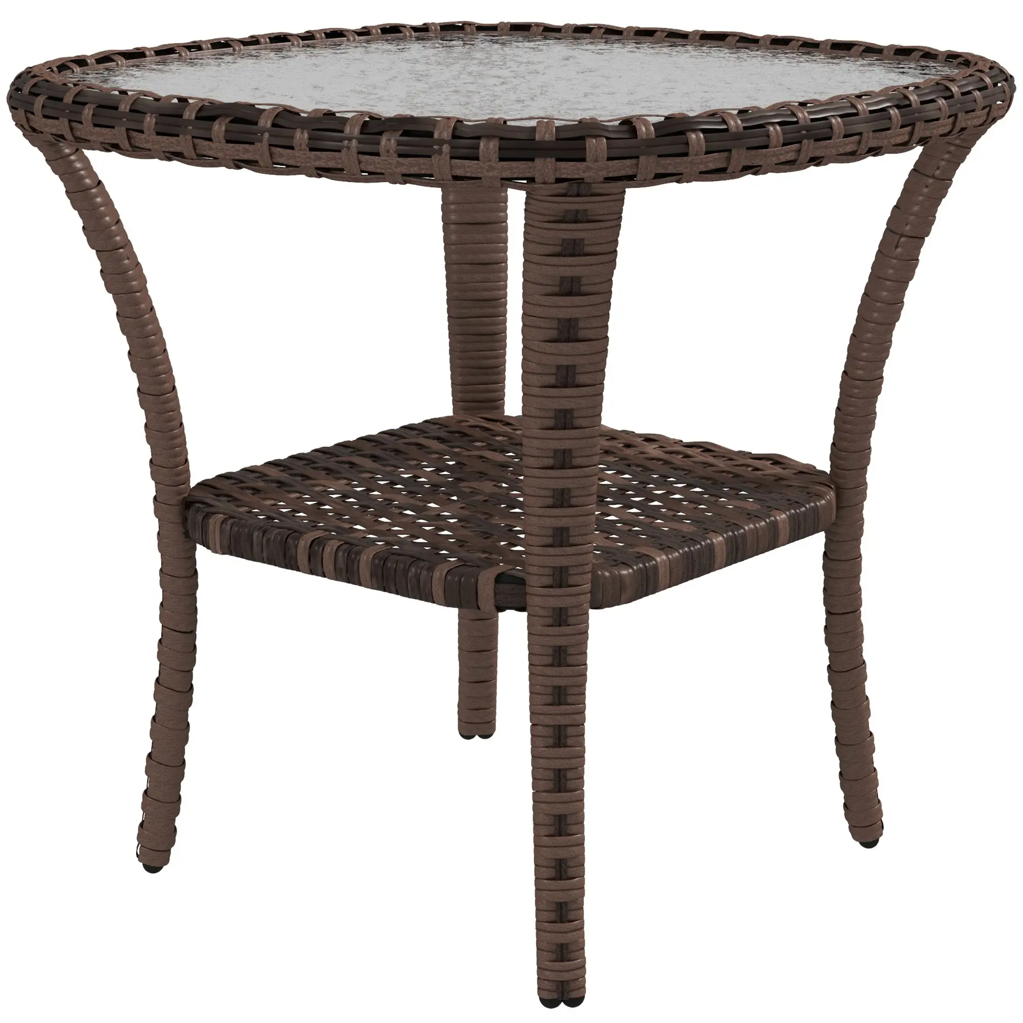 Outdoor Coffee Table With Storage Shelf, Wicker Side Table, Water-Ripple Glass Top, Mix Brown