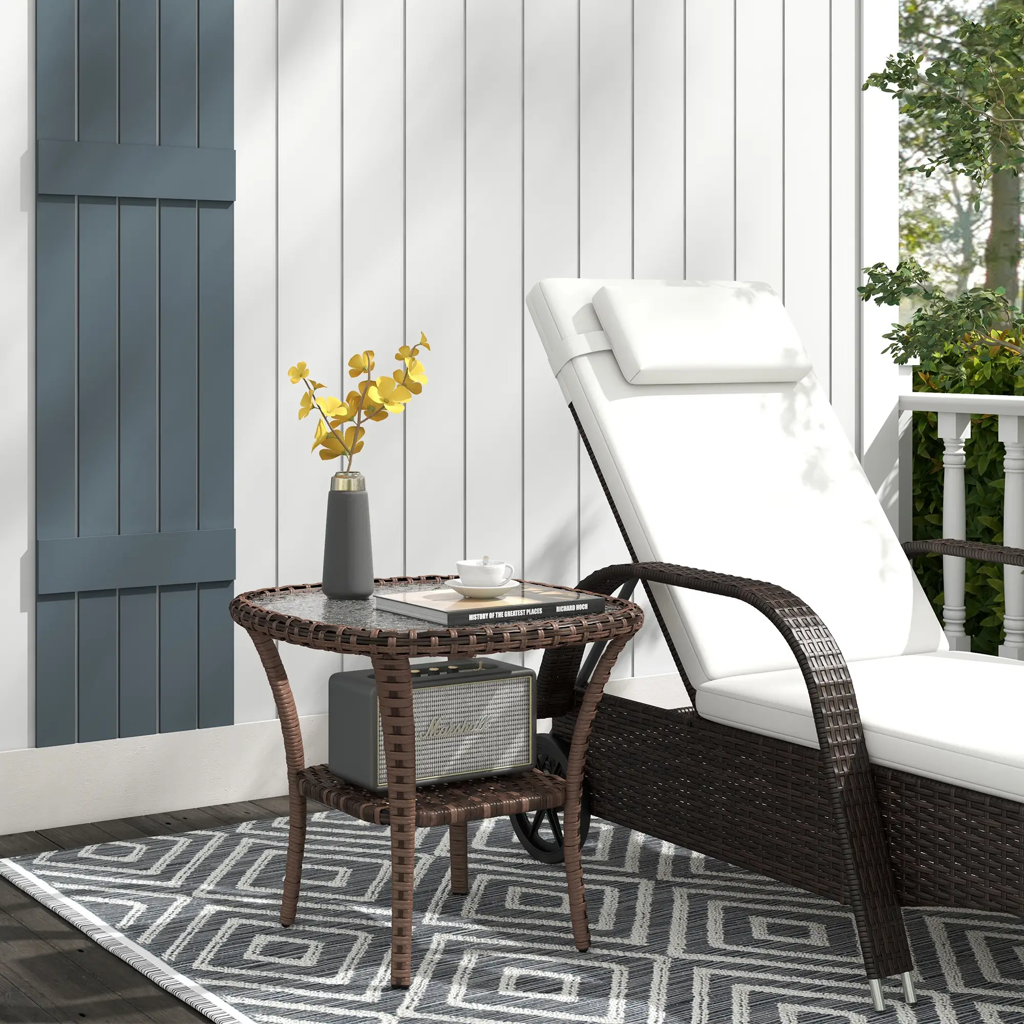 Outdoor Coffee Table With Storage Shelf, Wicker Side Table, Water-Ripple Glass Top, Mix Brown - Image 2