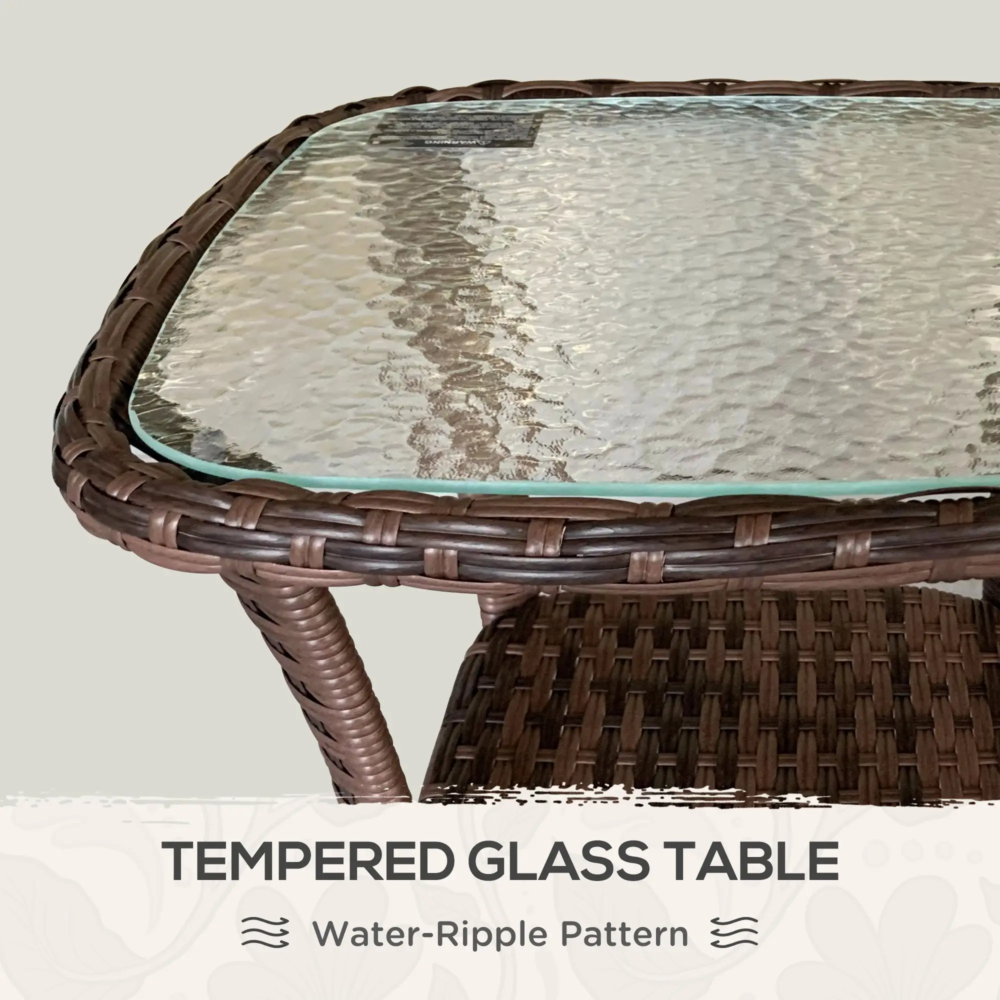 Outdoor Coffee Table With Storage Shelf, Wicker Side Table, Water-Ripple Glass Top, Mix Brown - Image 4