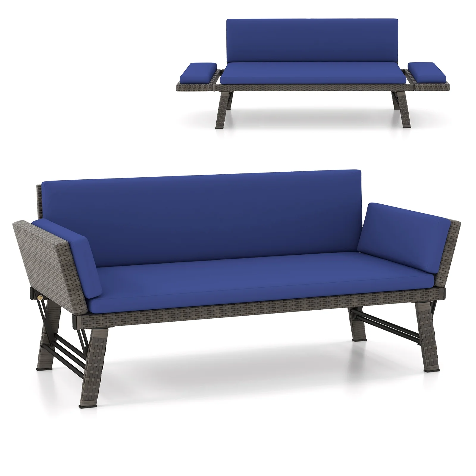 Outdoor Convertible Sofa Daybed, Adjustable Armrests, Navy