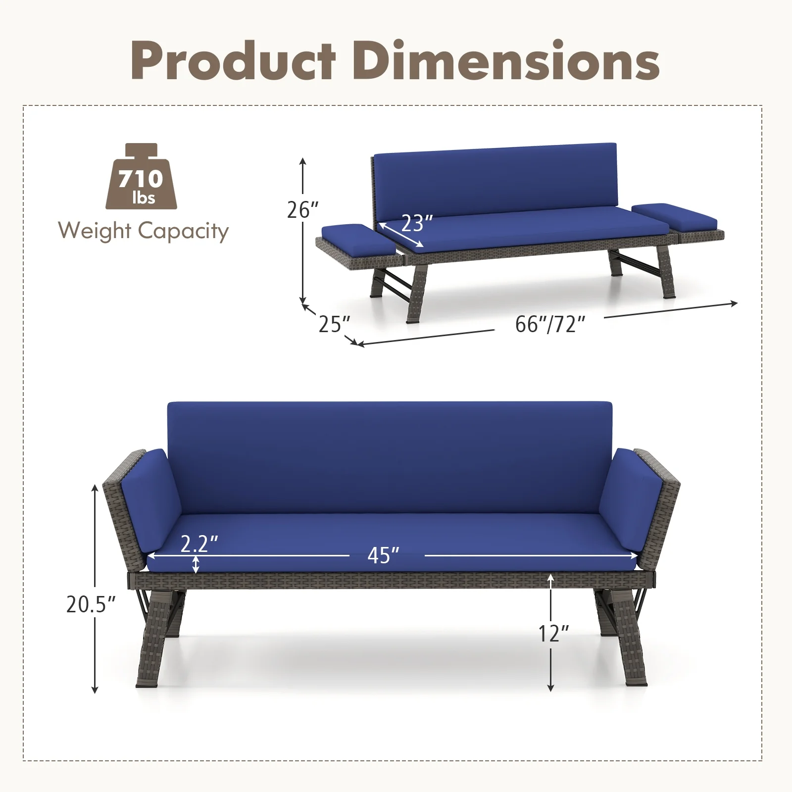 Outdoor Convertible Sofa Daybed, Adjustable Armrests, Navy - Image 5