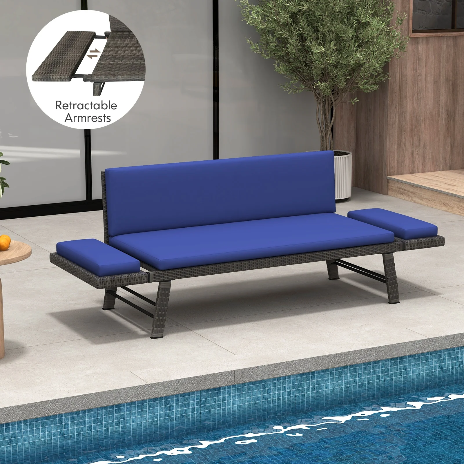Outdoor Convertible Sofa Daybed, Adjustable Armrests, Navy - Image 7