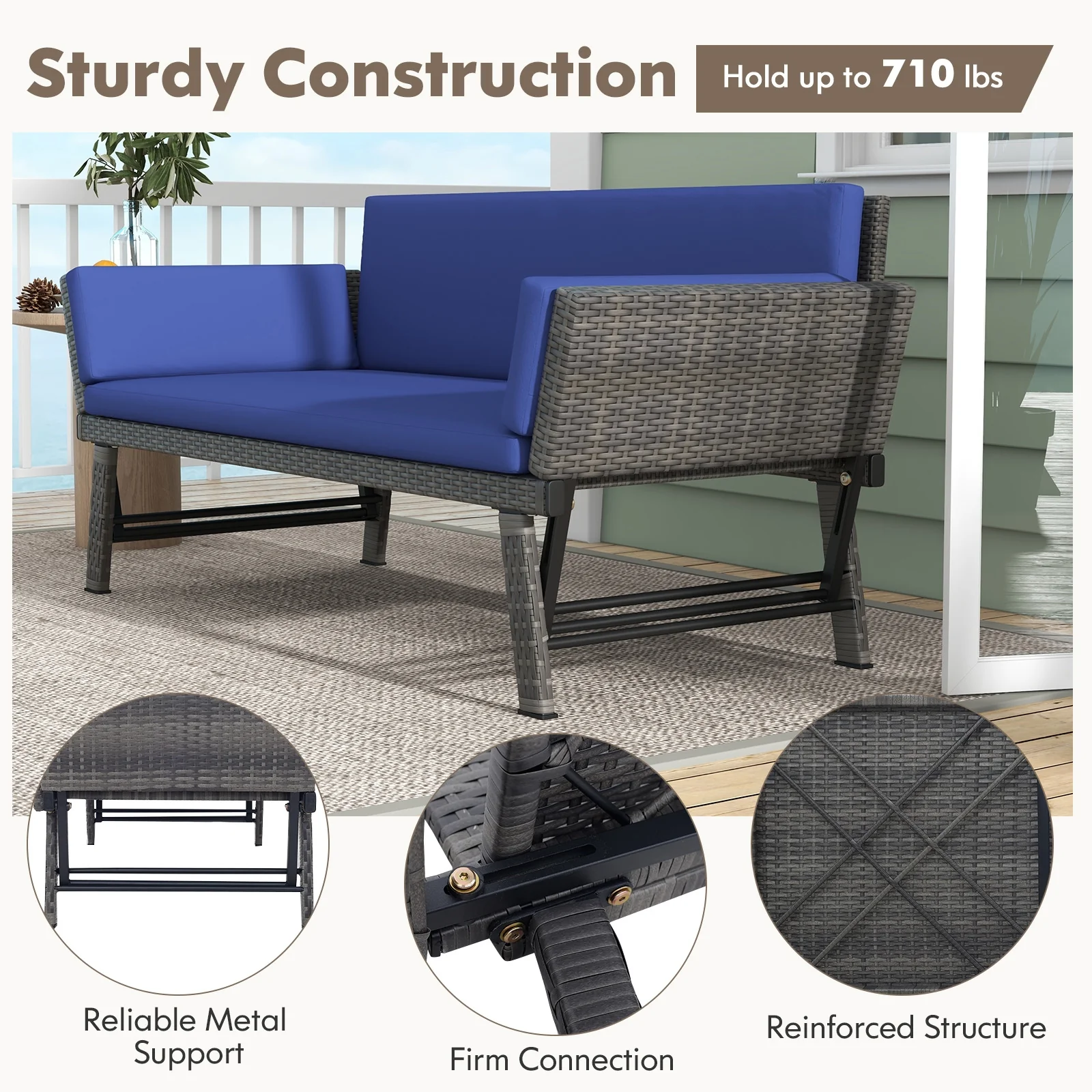 Outdoor Convertible Sofa Daybed, Adjustable Armrests, Navy - Image 9