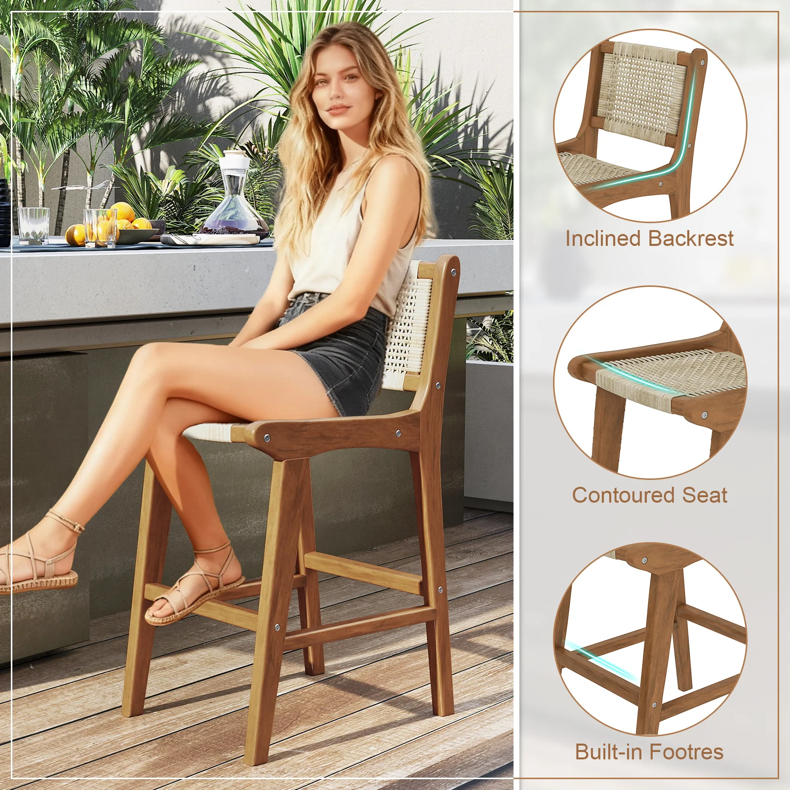 Outdoor Counter Height Bar Stool with Teak Wood Frame - Image 10