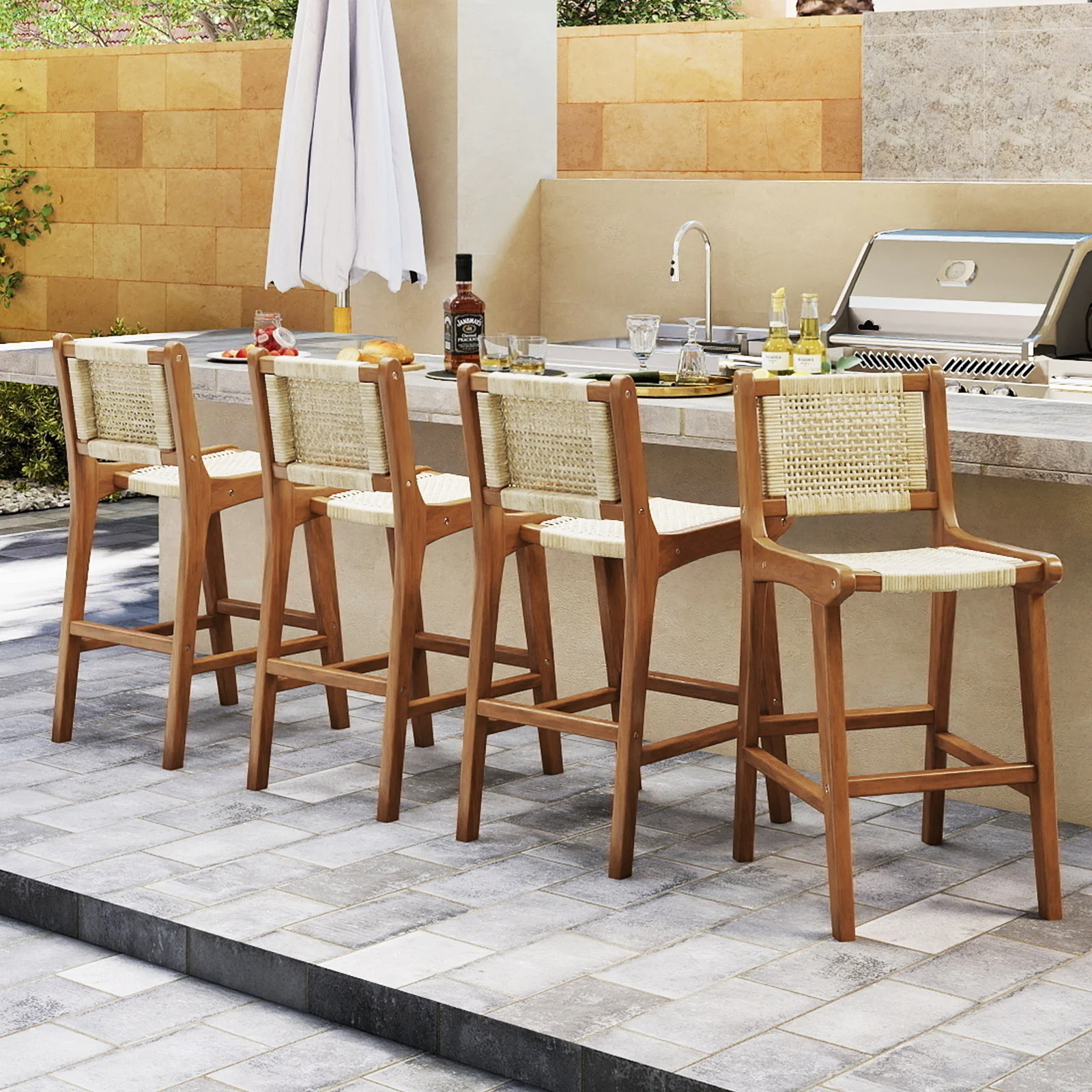 Outdoor Counter Height Bar Stool with Teak Wood Frame - Image 3