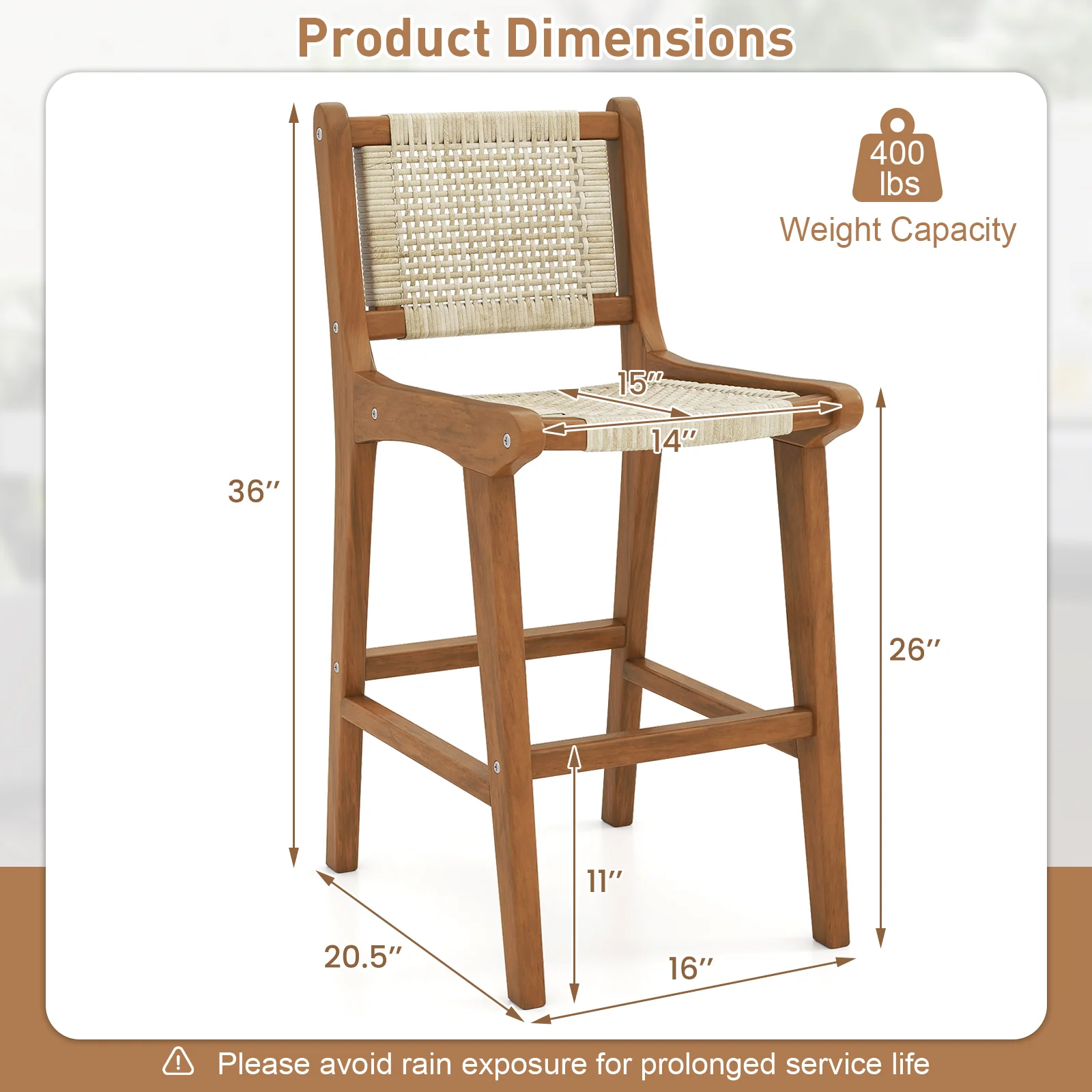 Outdoor Counter Height Bar Stool with Teak Wood Frame - Image 6