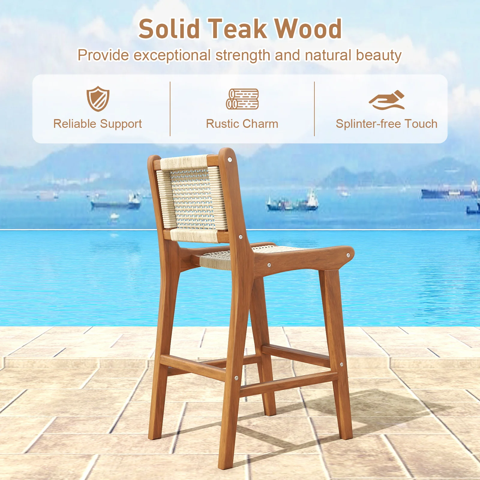 Outdoor Counter Height Bar Stool with Teak Wood Frame - Image 8