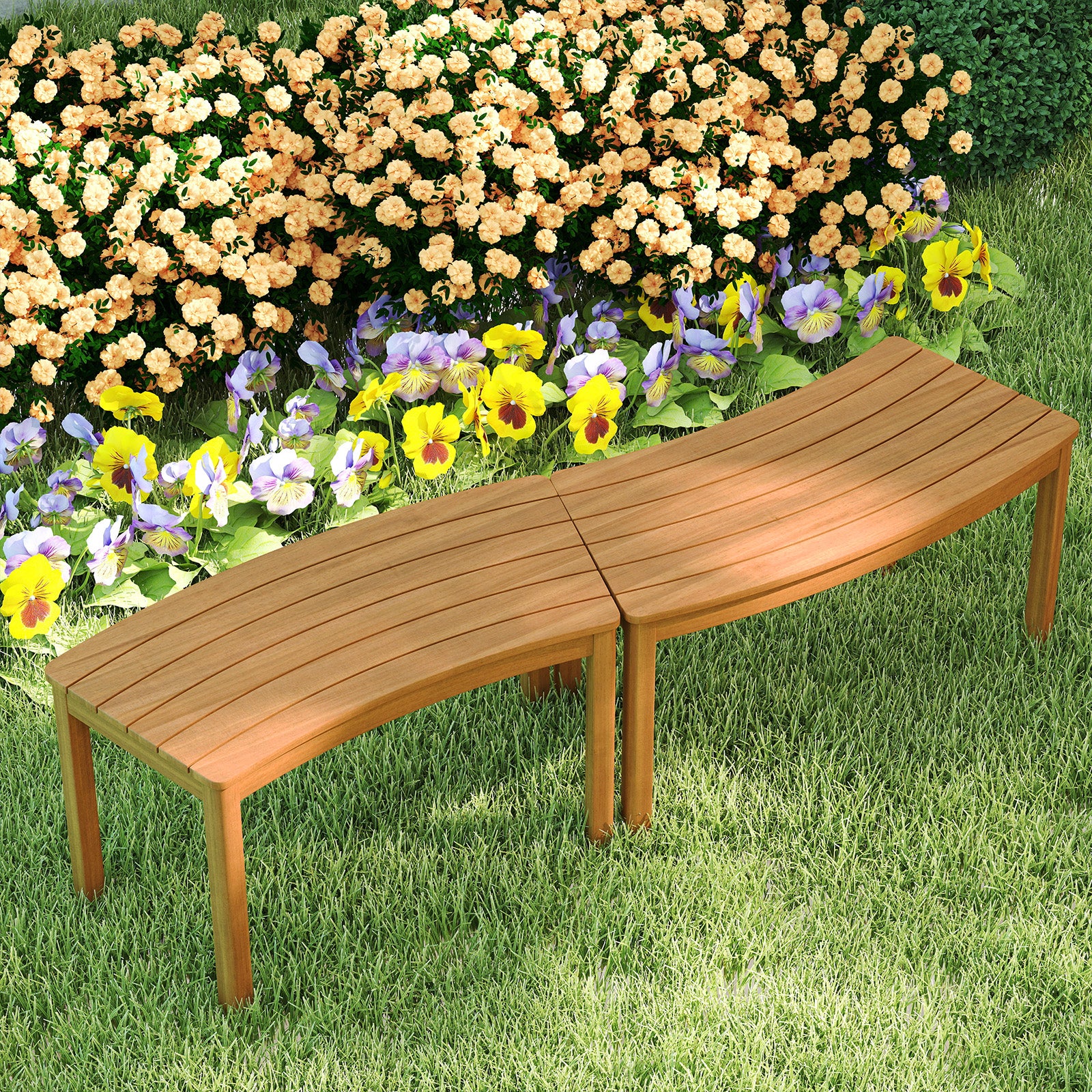 Outdoor Curved Acacia Wood Bench Set, 2/3/4, Natural - Image 2