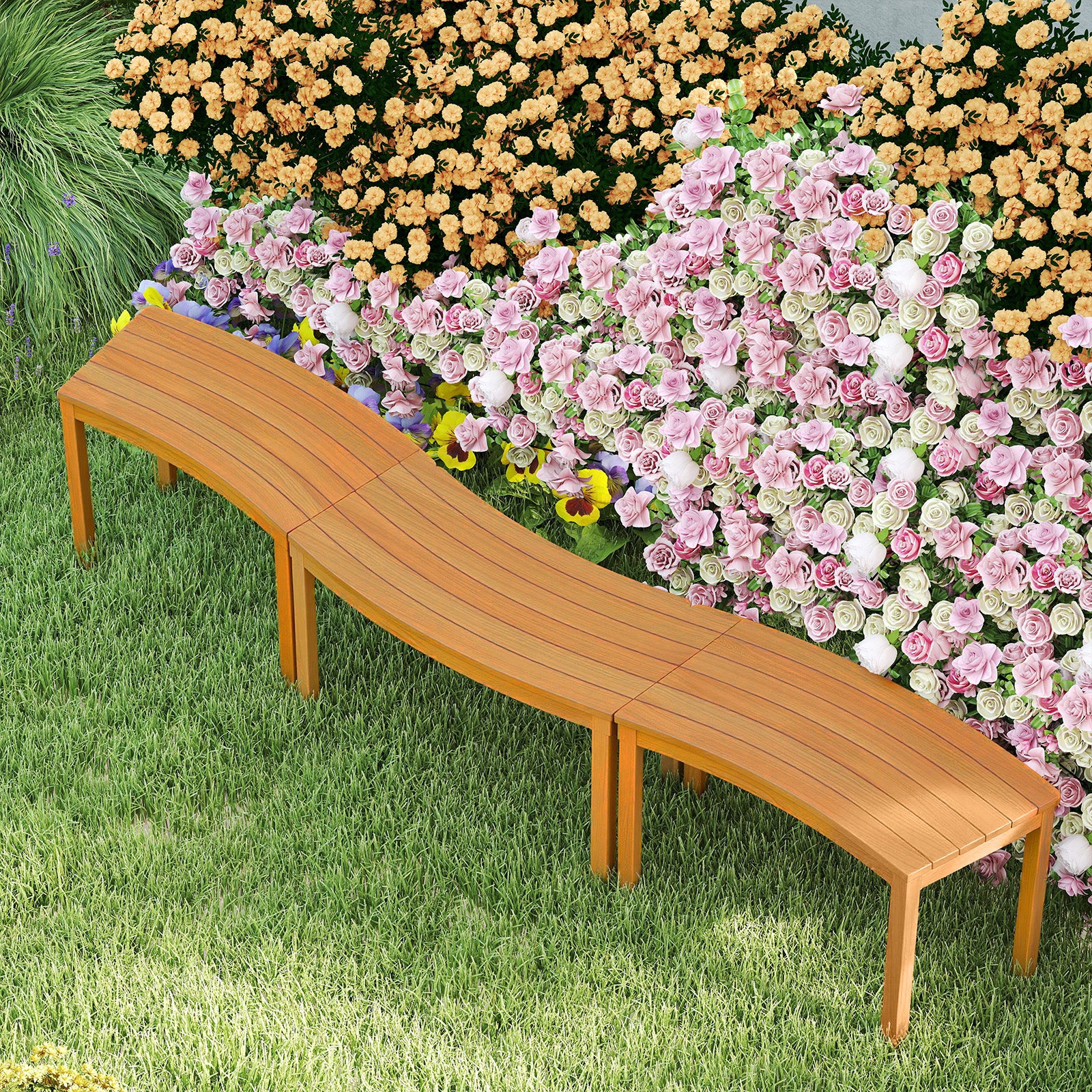 Outdoor Curved Acacia Wood Bench Set, 3, Natural - Image 2