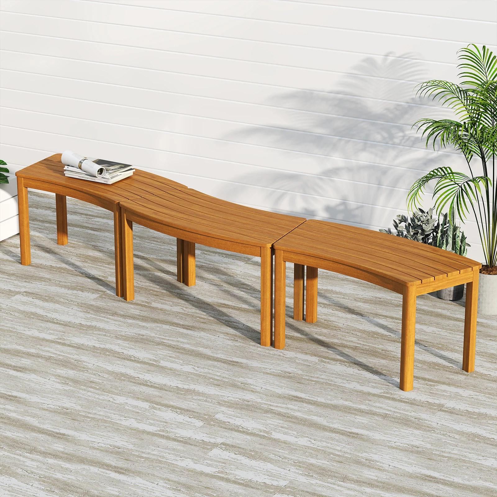 Outdoor Curved Acacia Wood Bench Set, 3, Natural - Image 3