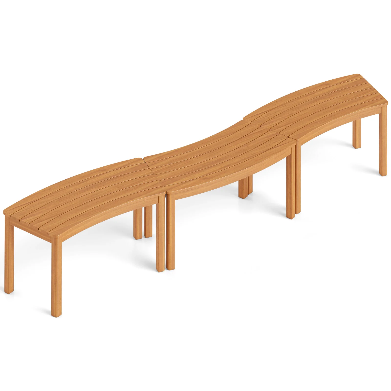 Outdoor Curved Acacia Wood Bench Set, 3, Natural - Image 4