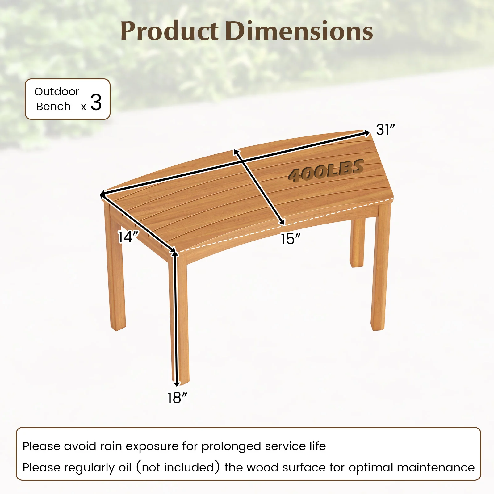 Outdoor Curved Acacia Wood Bench Set, 3, Natural - Image 5