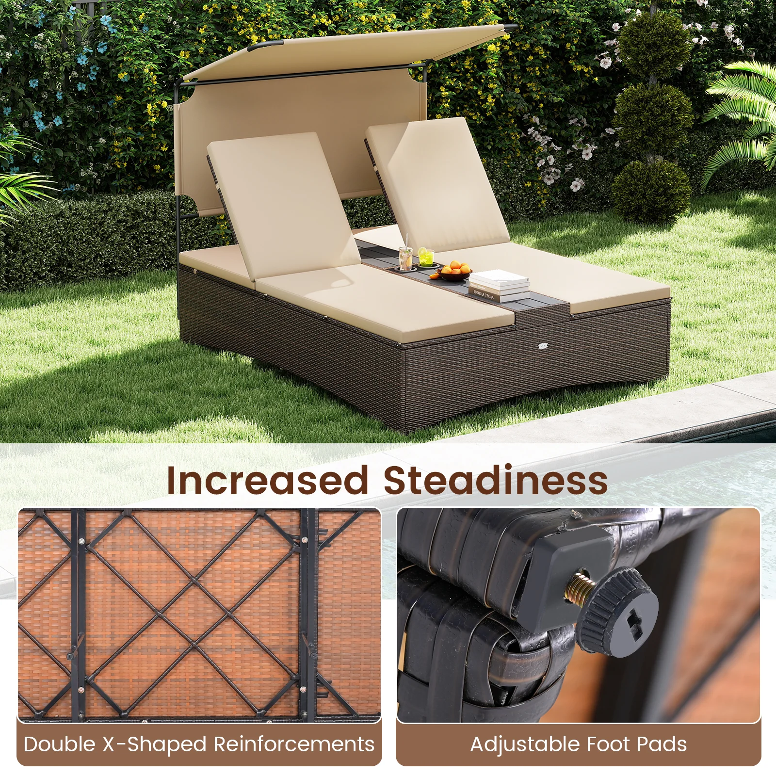 Outdoor Daybed, Adjustable Backrest, 2-Person PE Rattan Patio Bed, Brown - Image 10