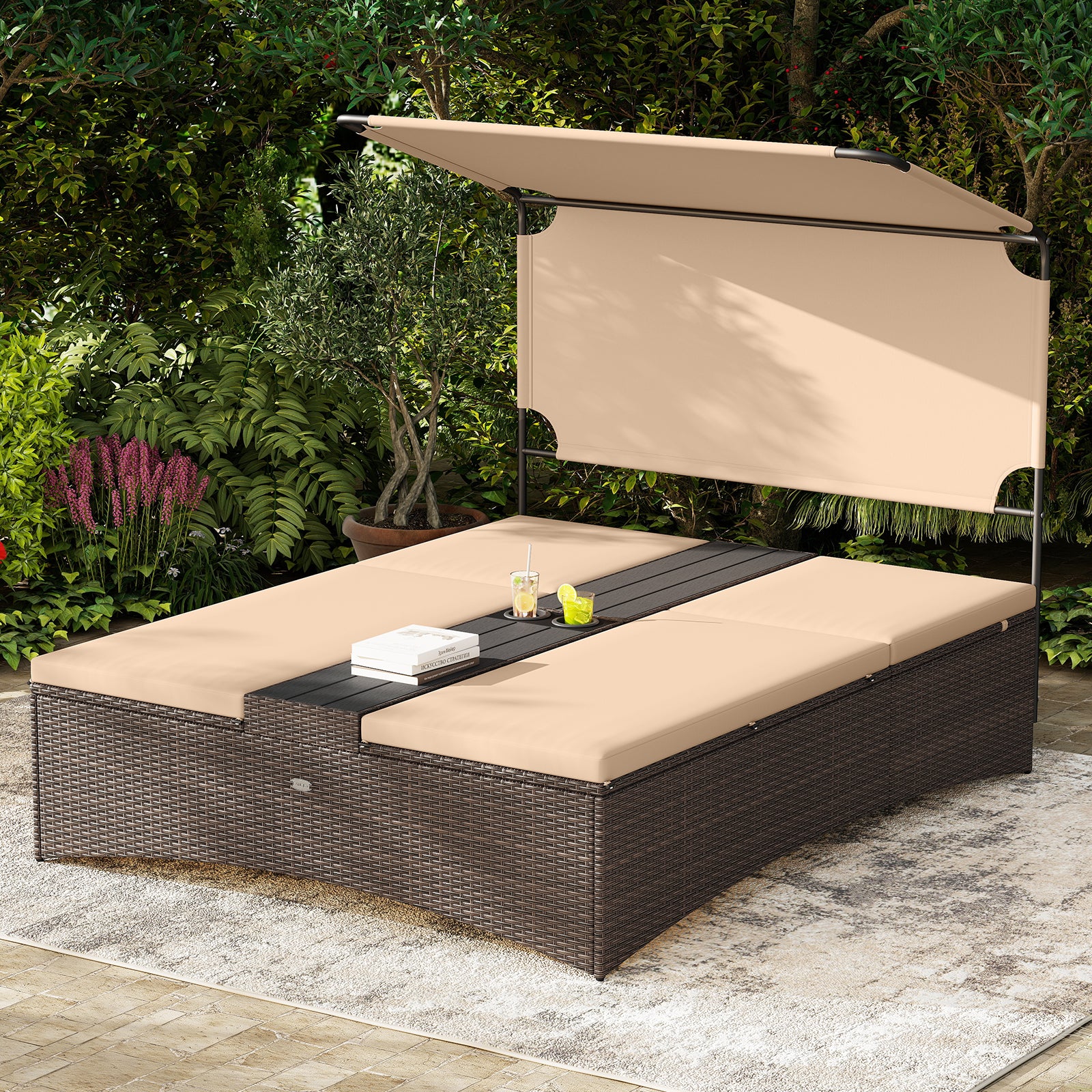 Outdoor Daybed, Adjustable Backrest, 2-Person PE Rattan Patio Bed, Brown - Image 3