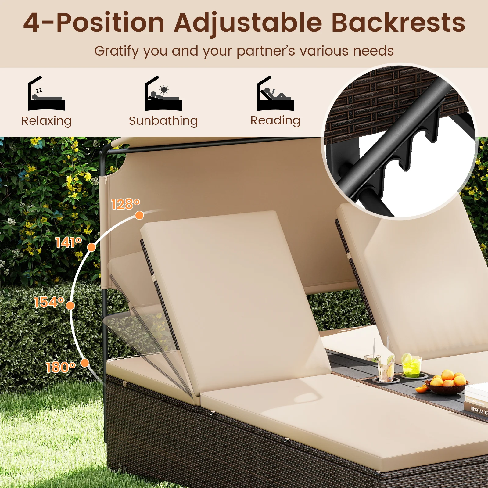 Outdoor Daybed, Adjustable Backrest, 2-Person PE Rattan Patio Bed, Brown - Image 6