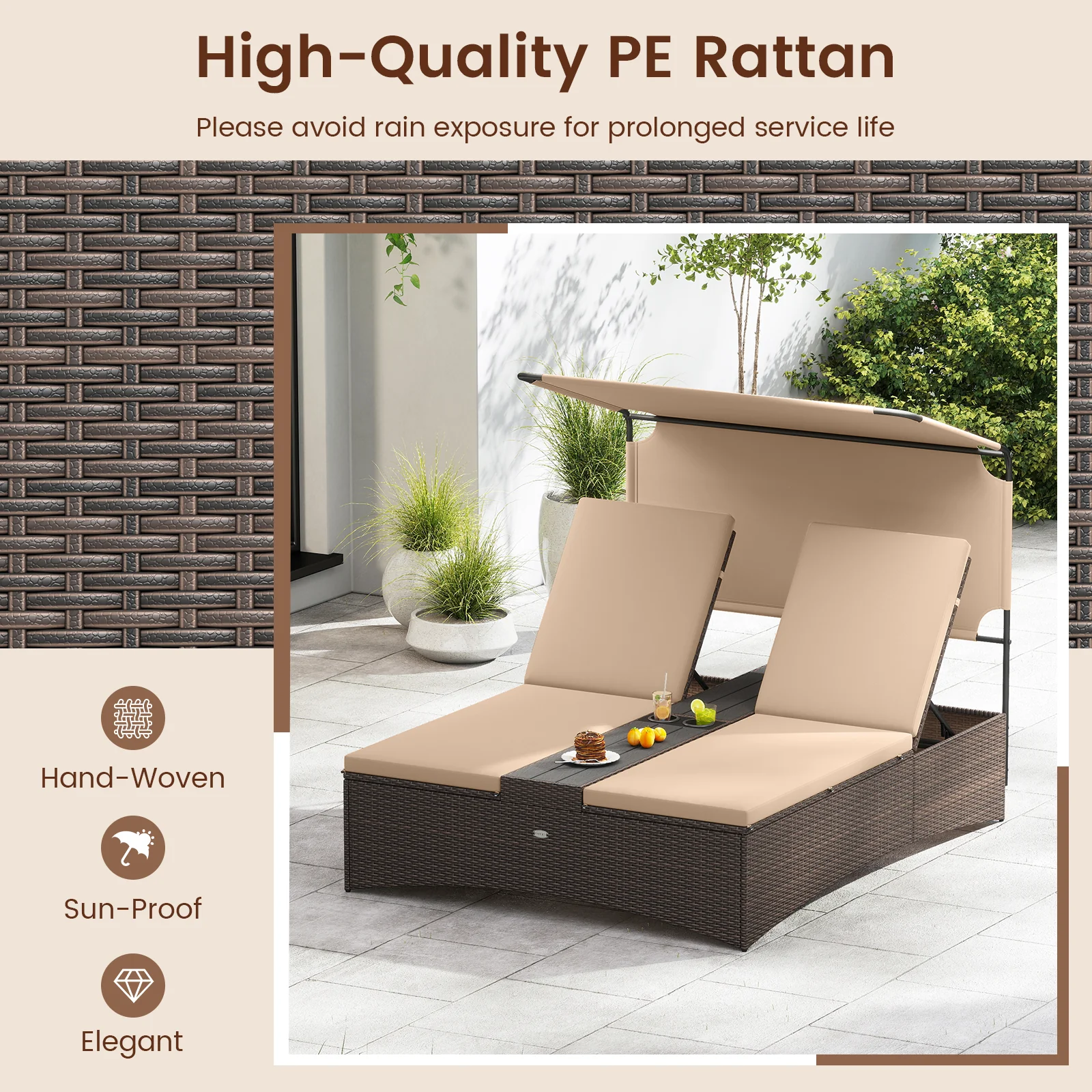 Outdoor Daybed, Adjustable Backrest, 2-Person PE Rattan Patio Bed, Brown - Image 7