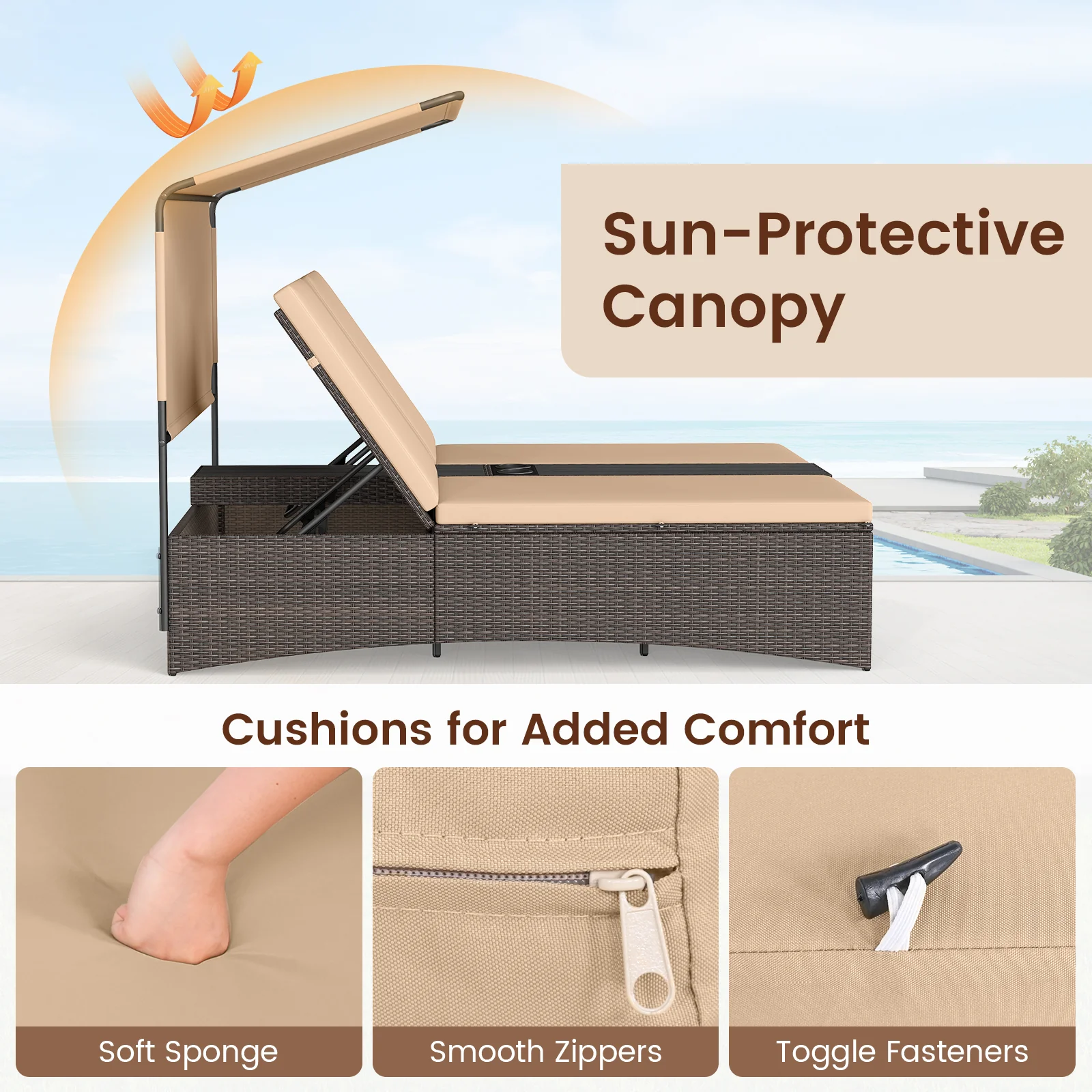 Outdoor Daybed, Adjustable Backrest, 2-Person PE Rattan Patio Bed, Brown - Image 9