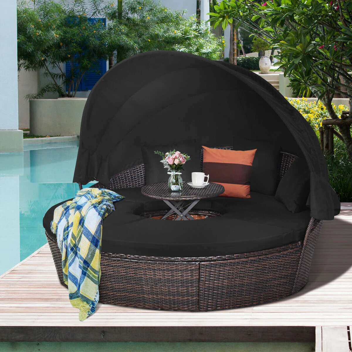Outdoor Daybed With Retractable Canopy, Black - Image 3