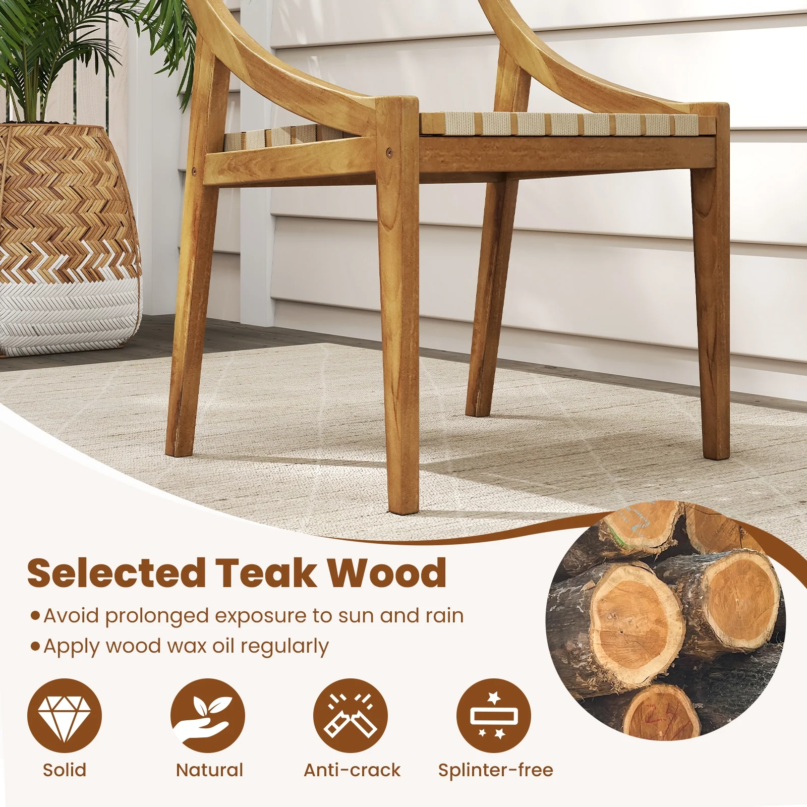 Outdoor Dining Chair Set, 2 Chairs, Webbing Seat, Natural - Image 8