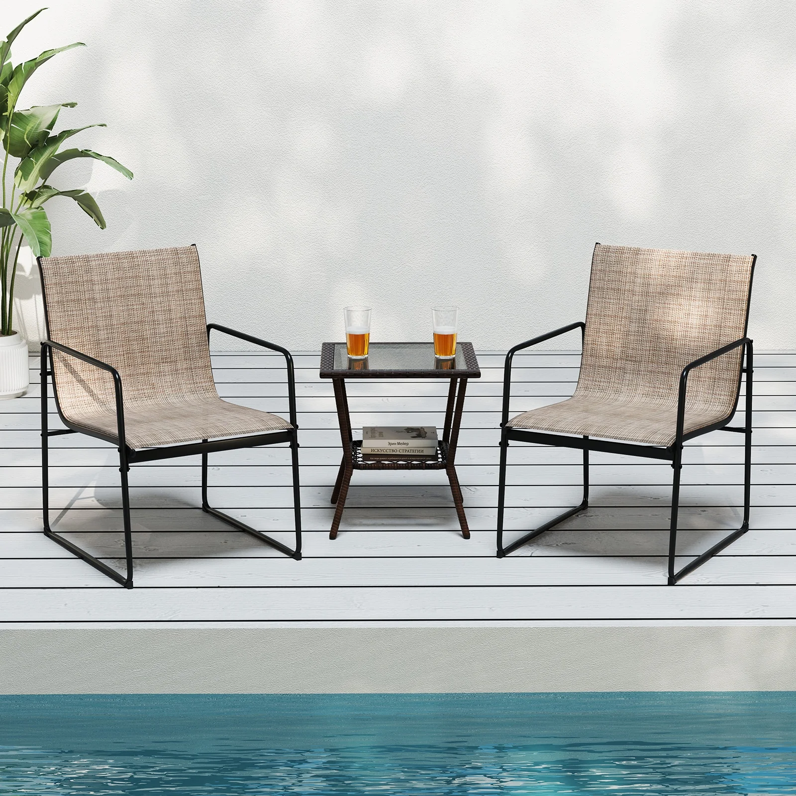 Outdoor Dining Chairs Set of 2, Patio Furniture with Breathable Seat, Brown - Image 2