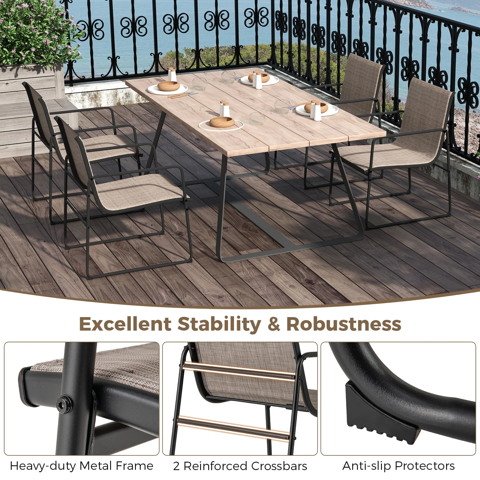 Outdoor Dining Chairs Set of 2, Patio Furniture with Breathable Seat, Brown - Image 8