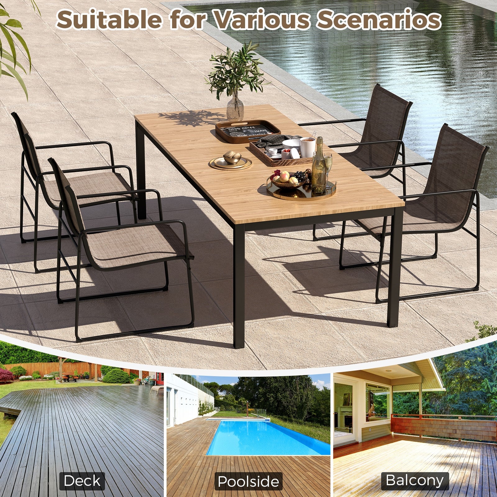Outdoor Dining Chairs Set of 2, Patio Furniture with Breathable Seat, Brown - Image 9